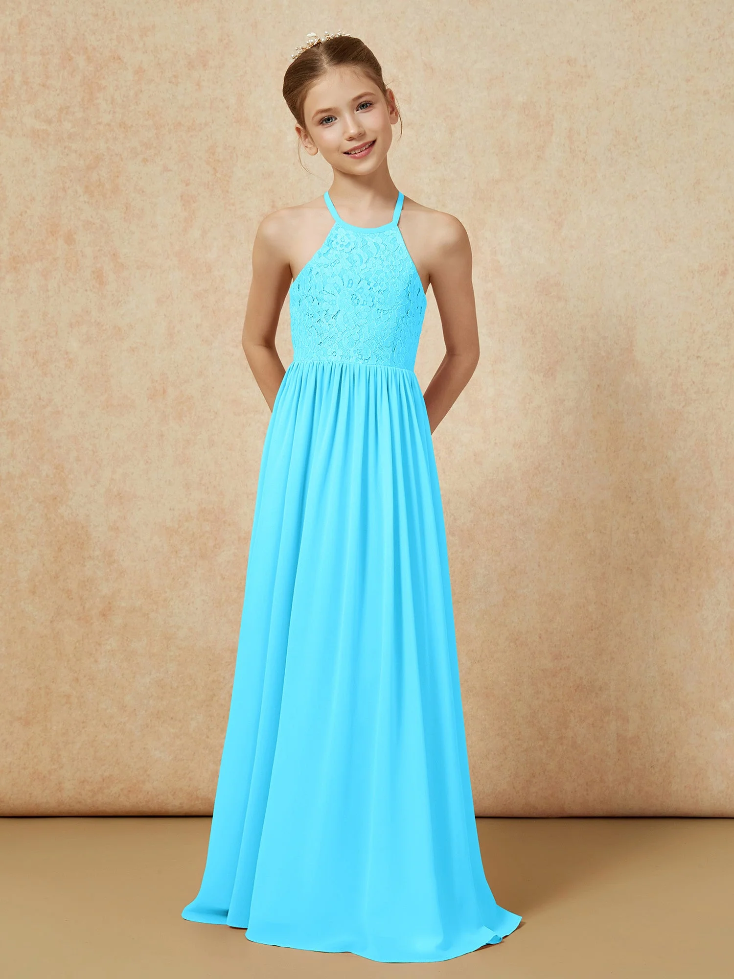 Plissee Spitzen Chiffon Lang Junge Brautjungfernkleider Schwimmbadblau - Image 4