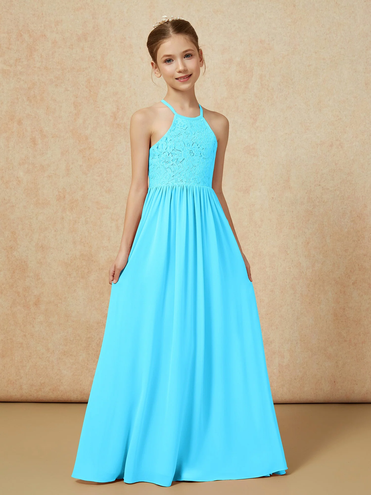 Plissee Spitzen Chiffon Lang Junge Brautjungfernkleider Schwimmbadblau - Image 5