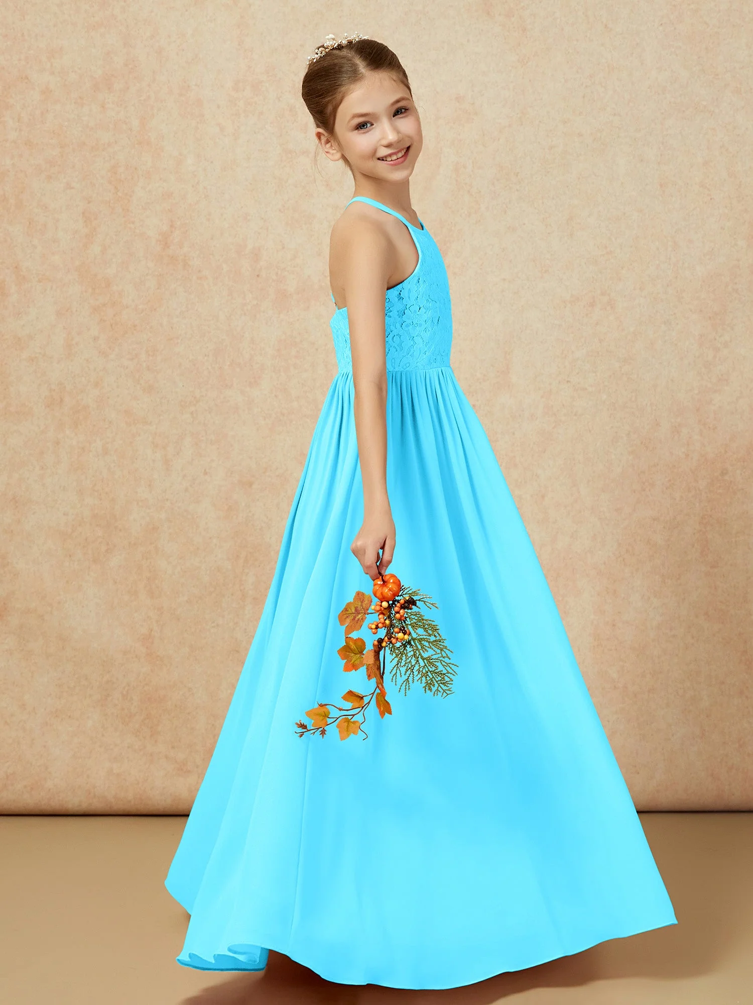 Plissee Spitzen Chiffon Lang Junge Brautjungfernkleider Schwimmbadblau - Image 6