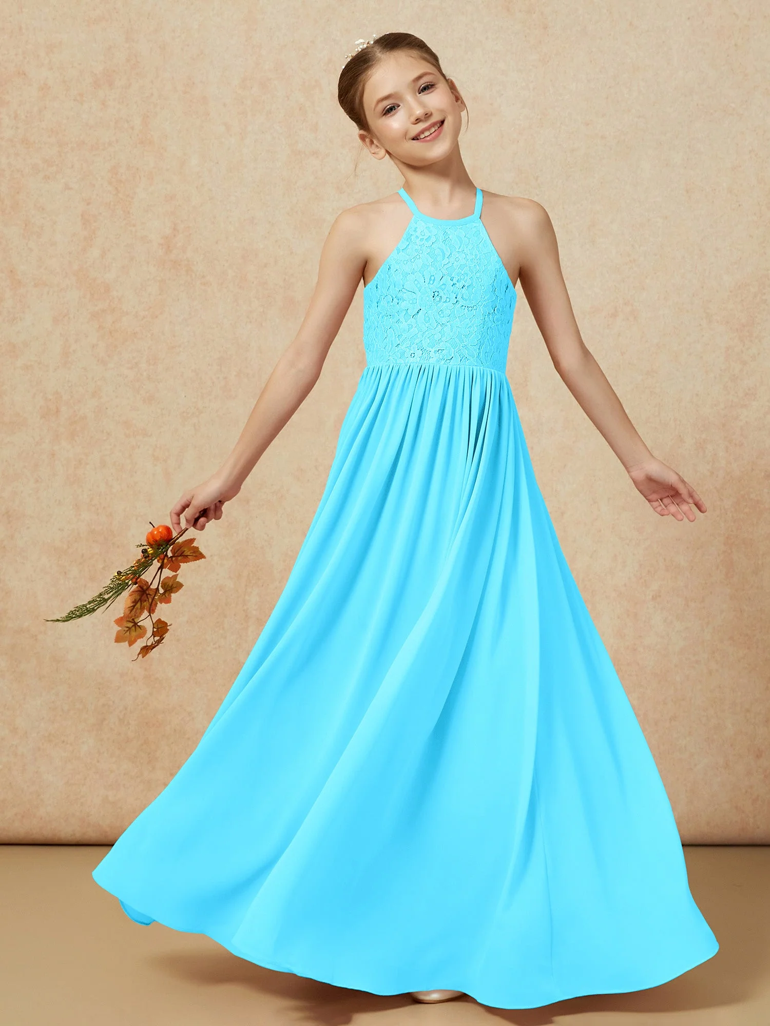Plissee Spitzen Chiffon Lang Junge Brautjungfernkleider Schwimmbadblau - Image 7