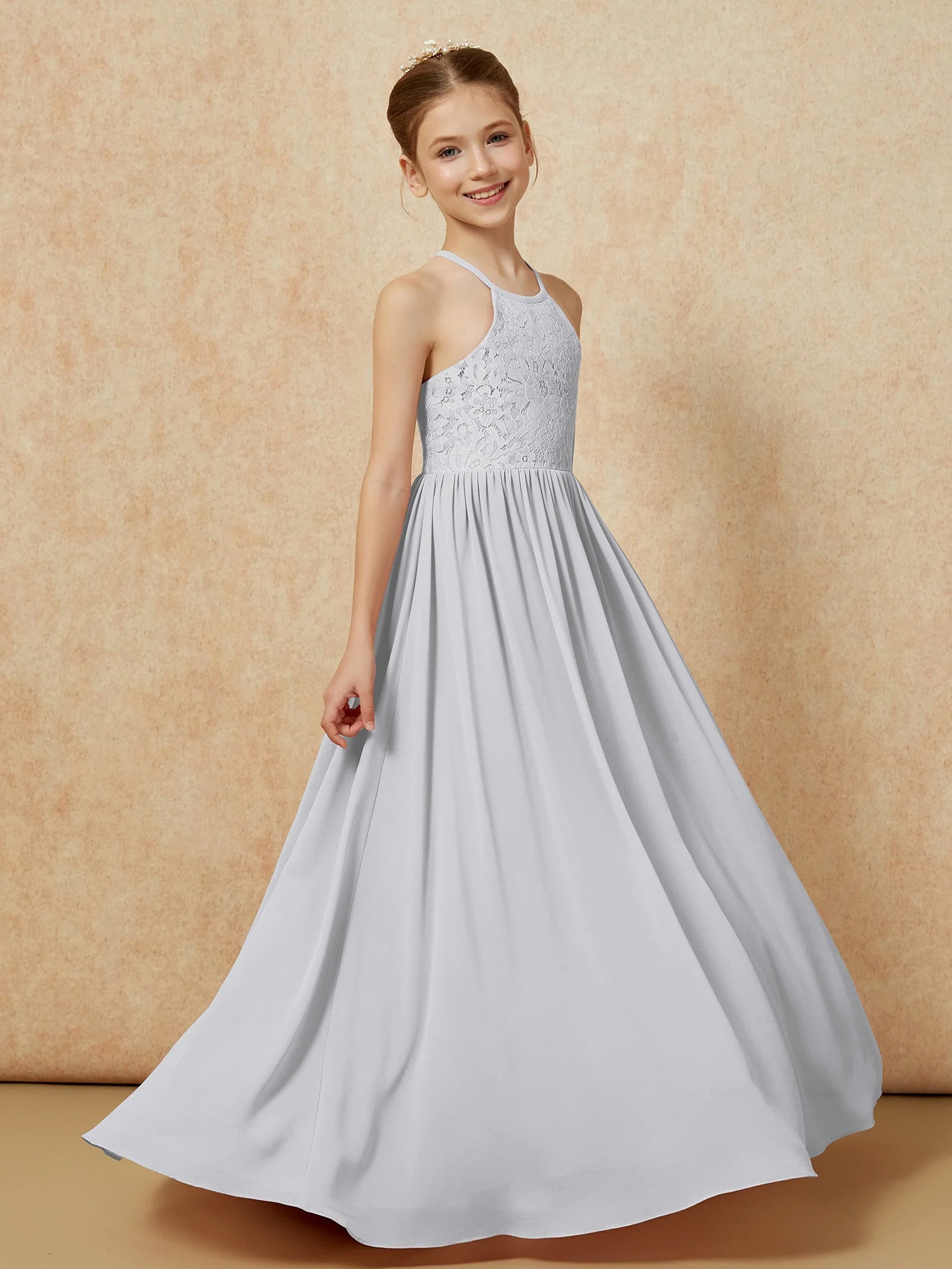 Plissee Spitzen Chiffon Lang Junge Brautjungfernkleider Silber - Image 3