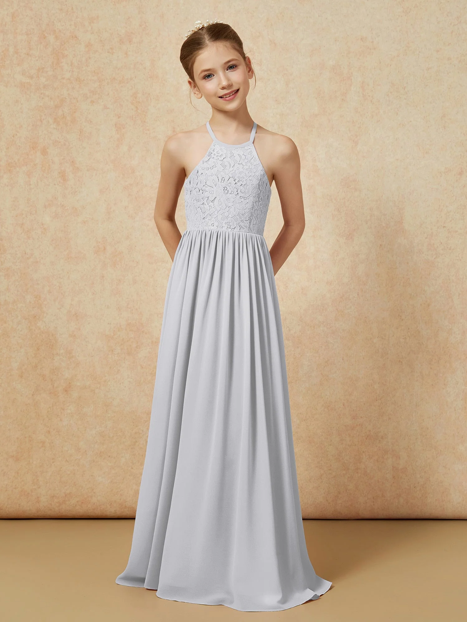 Plissee Spitzen Chiffon Lang Junge Brautjungfernkleider Silber - Image 4