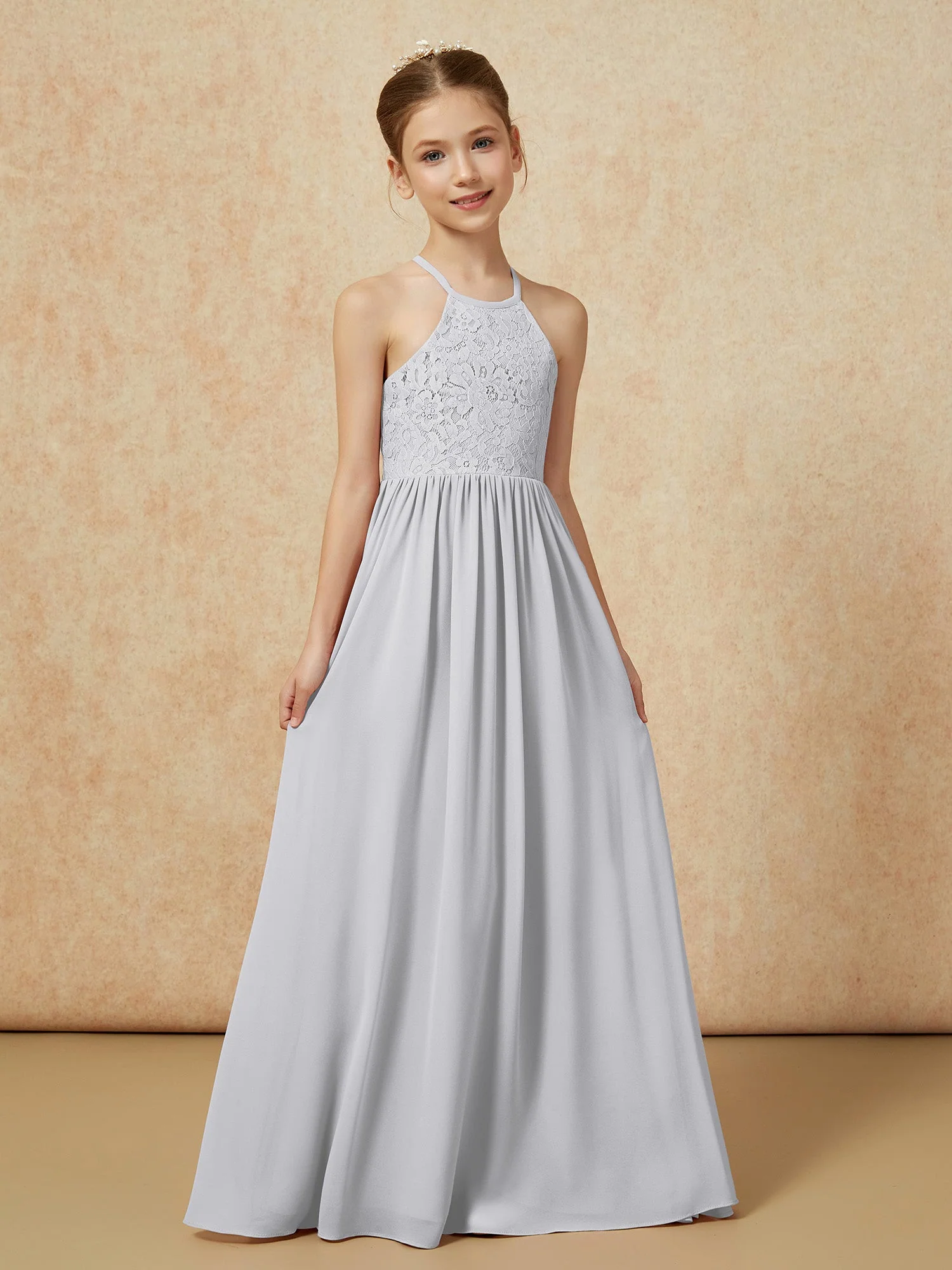 Plissee Spitzen Chiffon Lang Junge Brautjungfernkleider Silber - Image 5