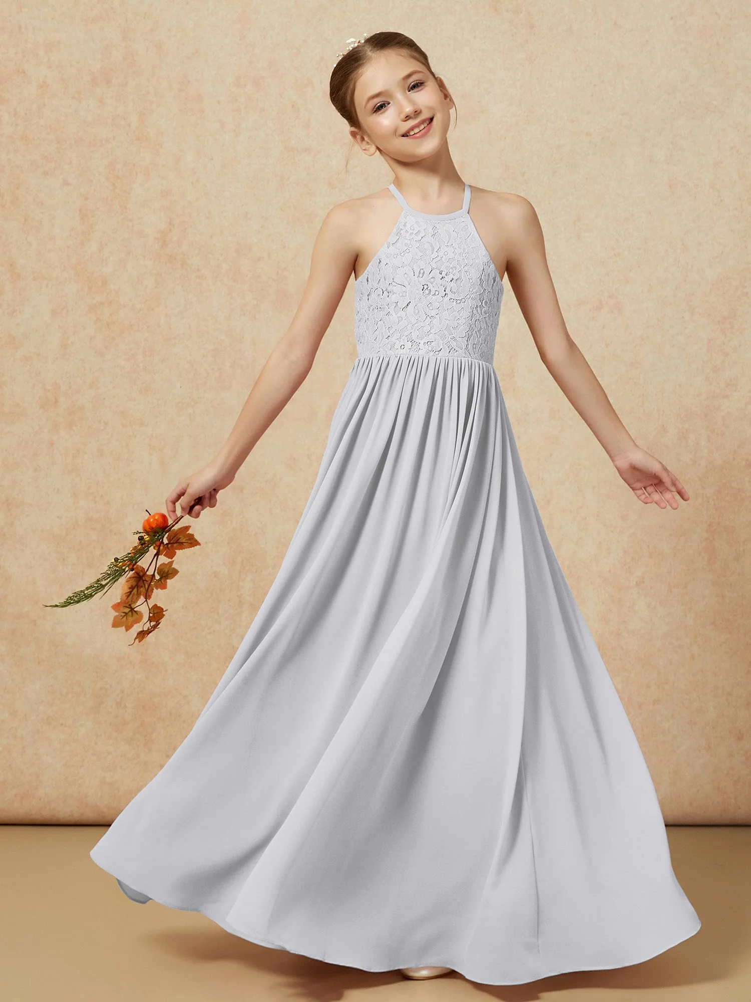 Plissee Spitzen Chiffon Lang Junge Brautjungfernkleider Silber - Image 7