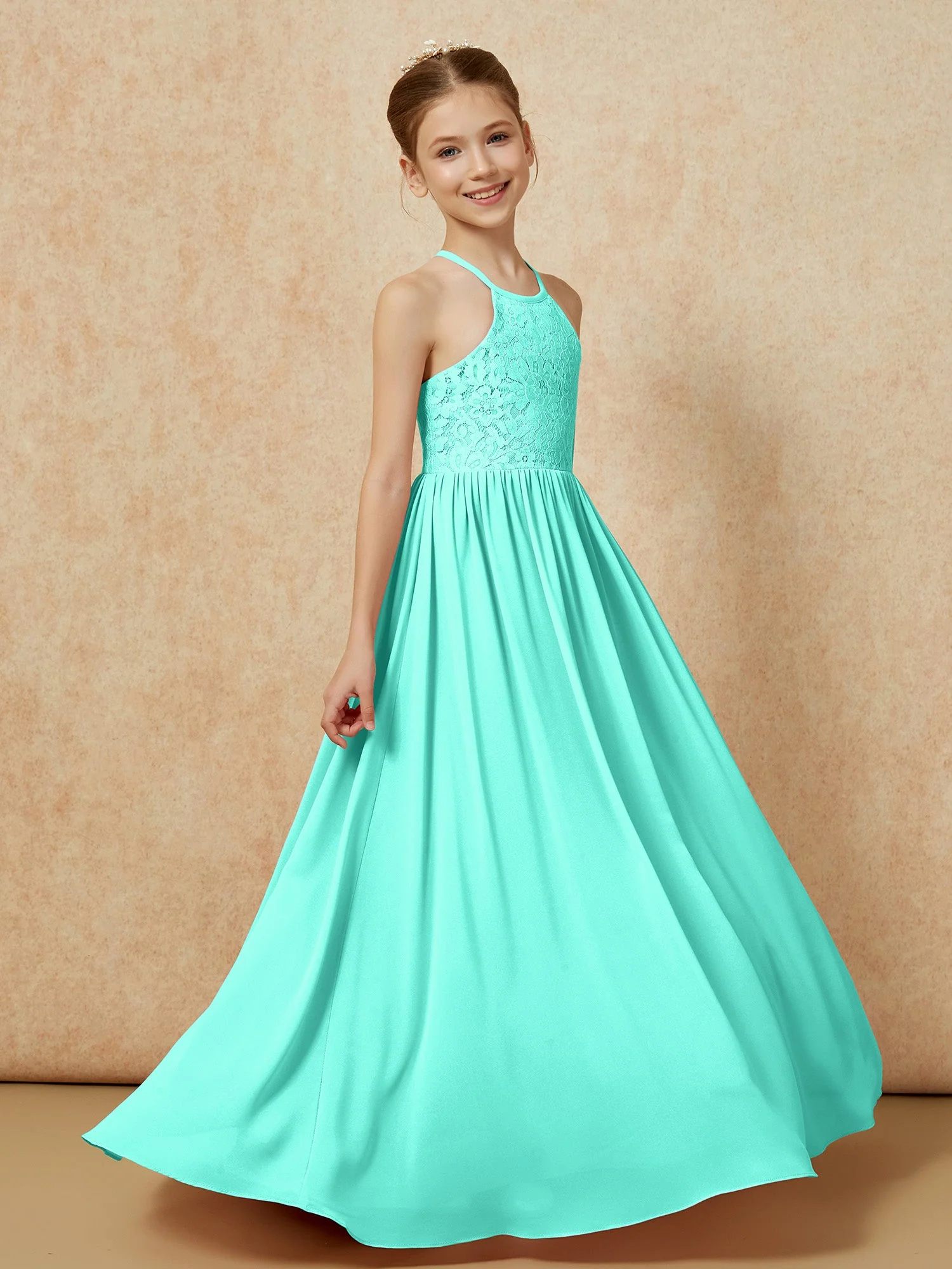 Plissee Spitzen Chiffon Lang Junge Brautjungfernkleider Spa - Image 3