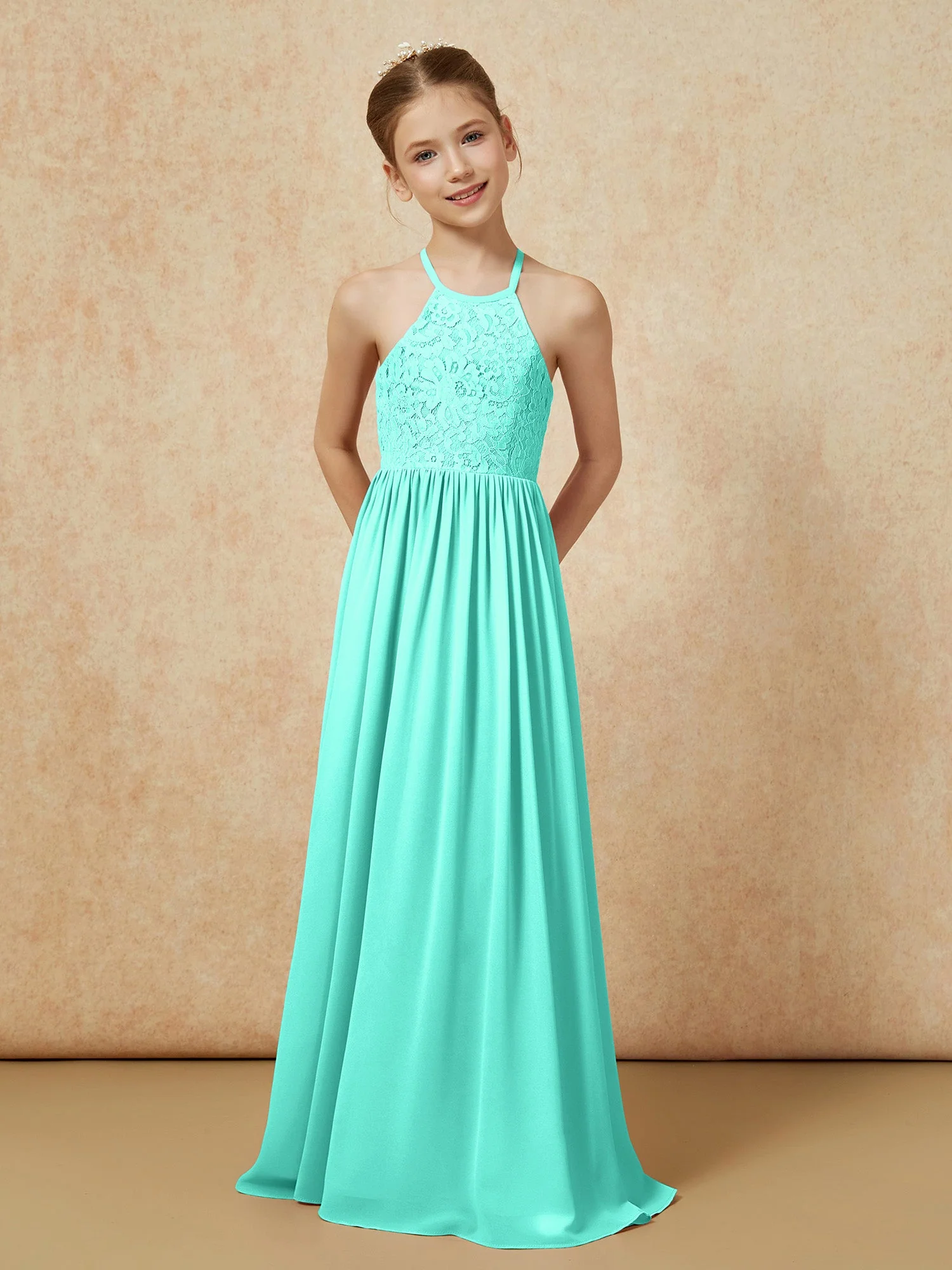 Plissee Spitzen Chiffon Lang Junge Brautjungfernkleider Spa - Image 4
