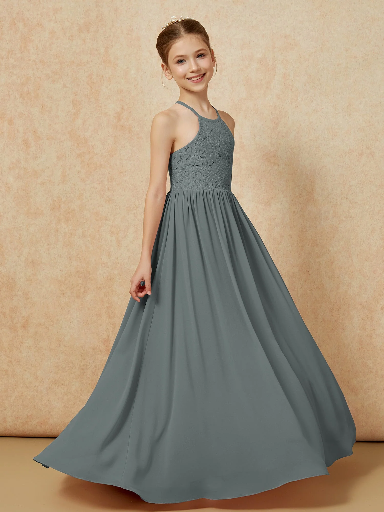 Plissee Spitzen Chiffon Lang Junge Brautjungfernkleider Stahlgrau - Image 3