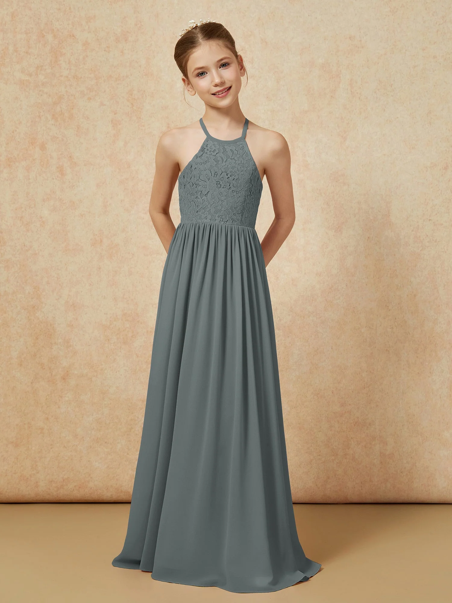 Plissee Spitzen Chiffon Lang Junge Brautjungfernkleider Stahlgrau - Image 4