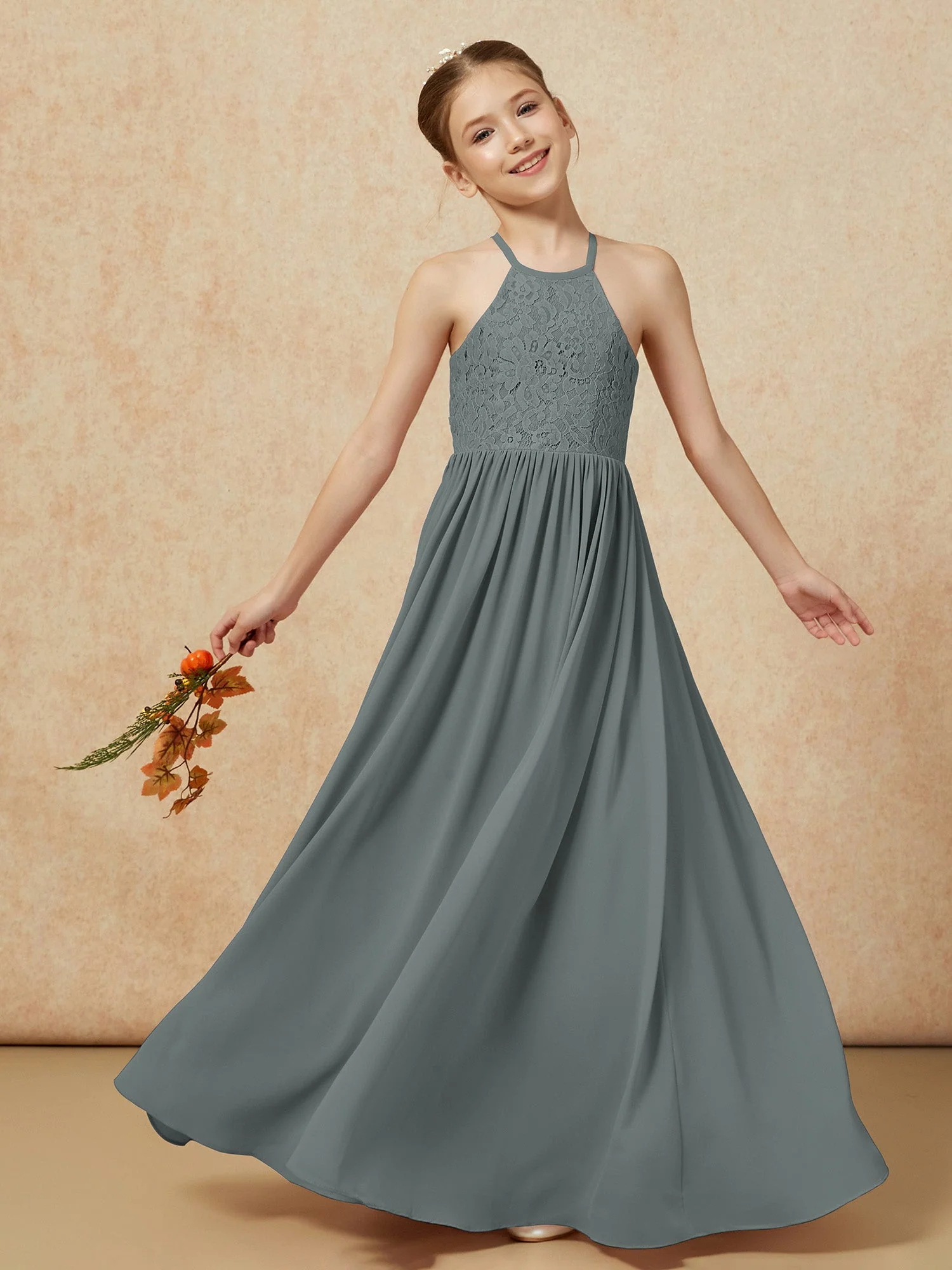 Plissee Spitzen Chiffon Lang Junge Brautjungfernkleider Stahlgrau - Image 7