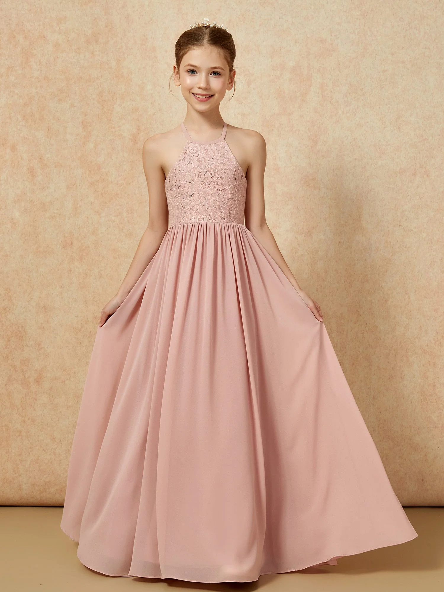 Plissee Spitzen Chiffon Lang Junge Brautjungfernkleider Staubige Rosa