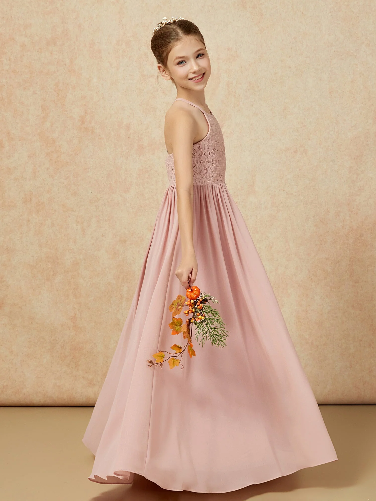 Plissee Spitzen Chiffon Lang Junge Brautjungfernkleider Staubige Rosa - Image 6