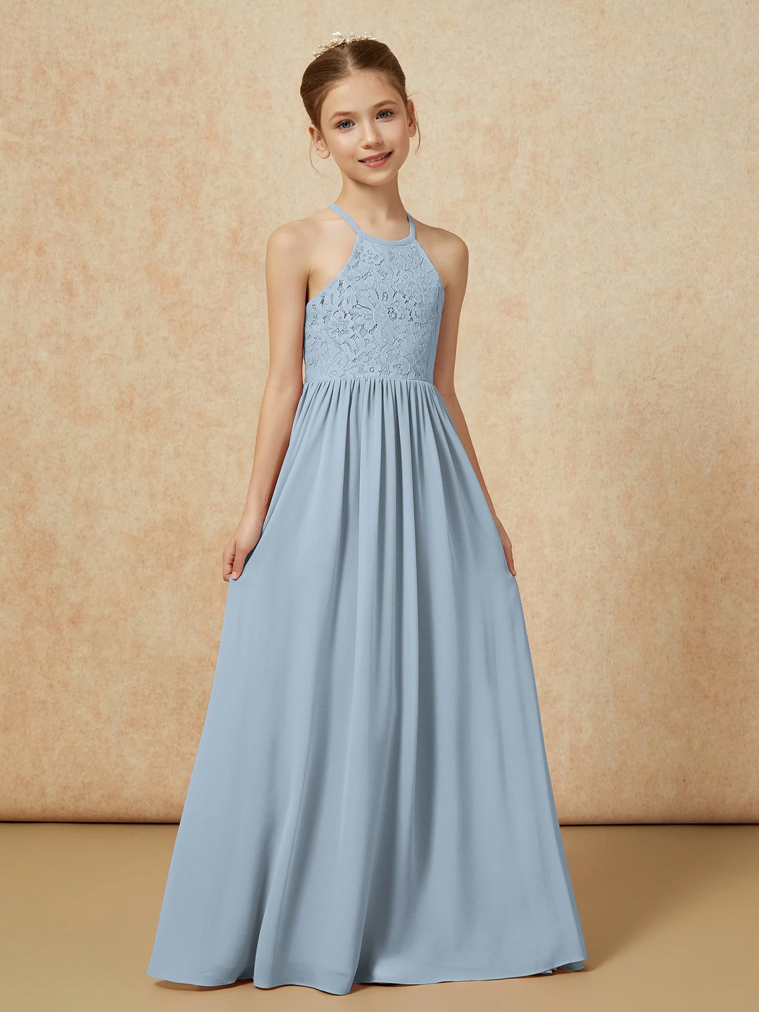 Plissee Spitzen Chiffon Lang Junge Brautjungfernkleider Staubiges Blau - Image 5