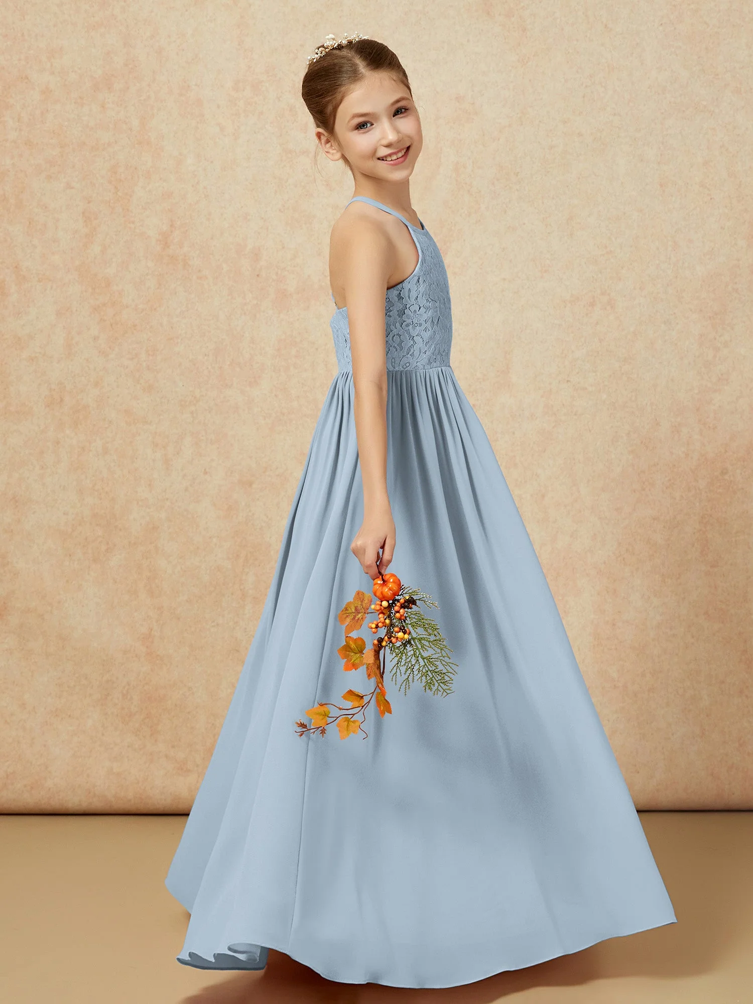 Plissee Spitzen Chiffon Lang Junge Brautjungfernkleider Staubiges Blau - Image 6