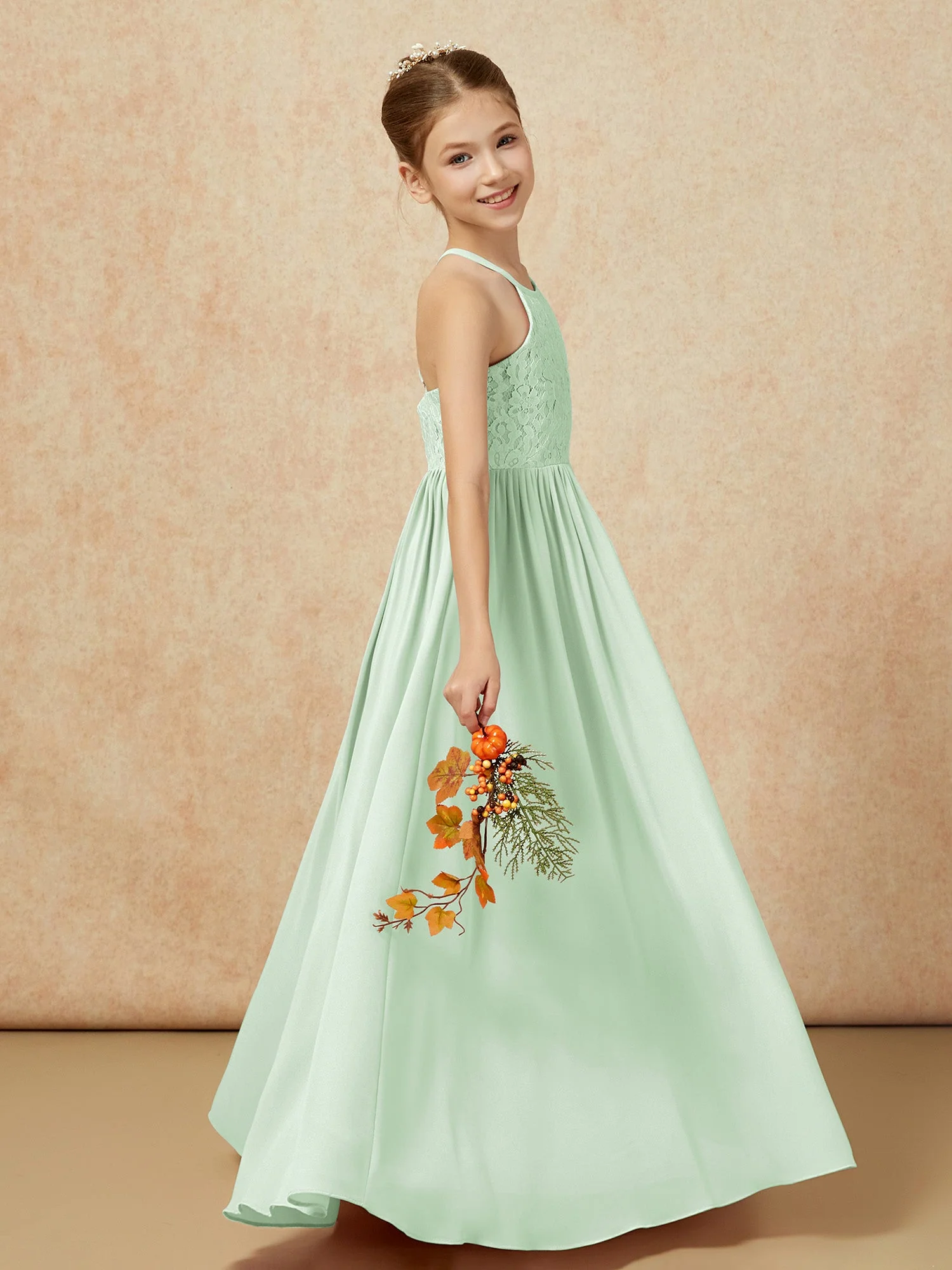 Plissee Spitzen Chiffon Lang Junge Brautjungfernkleider Staubiges Salbei - Image 6