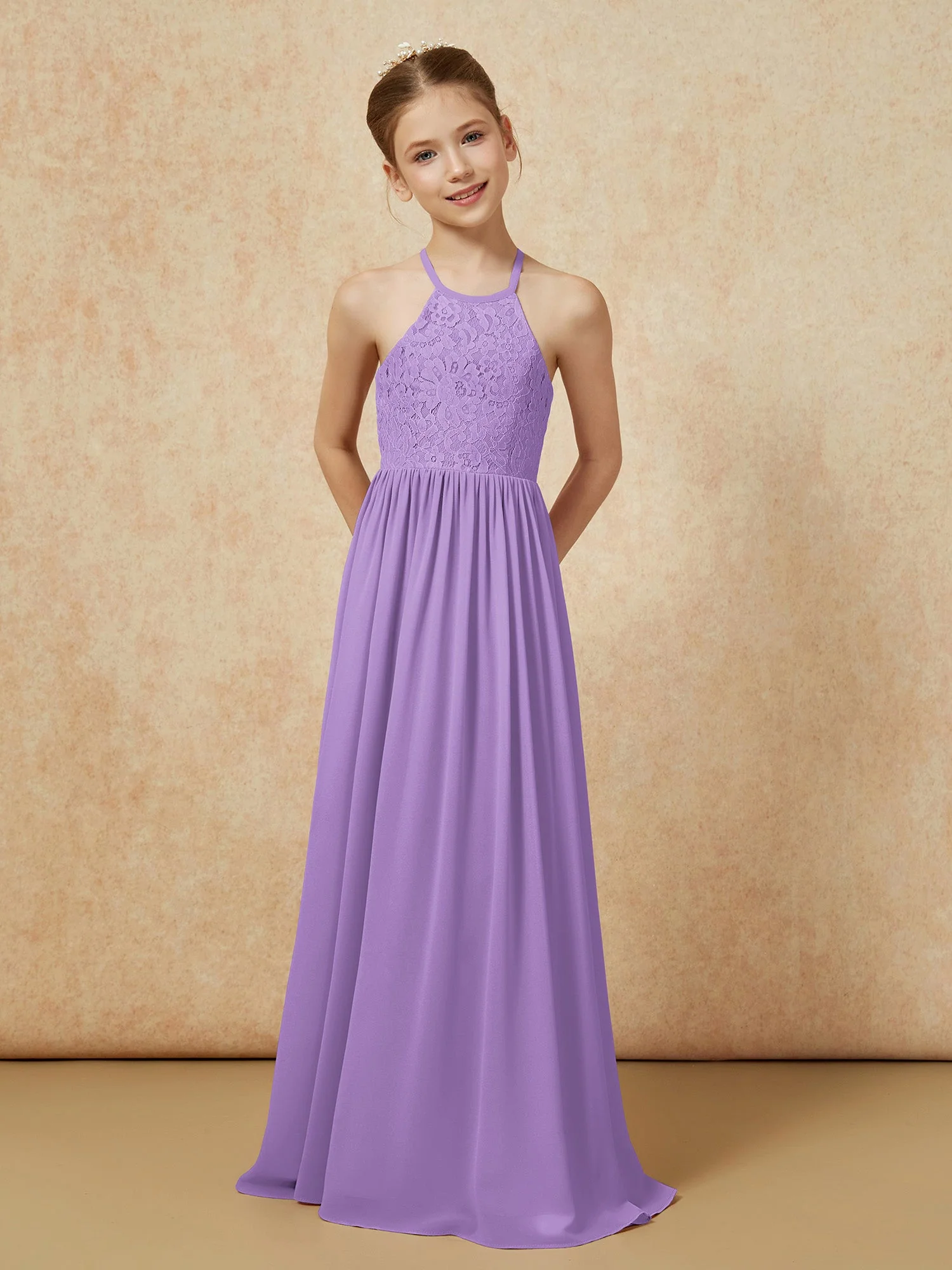 Plissee Spitzen Chiffon Lang Junge Brautjungfernkleider Tahiti - Image 4