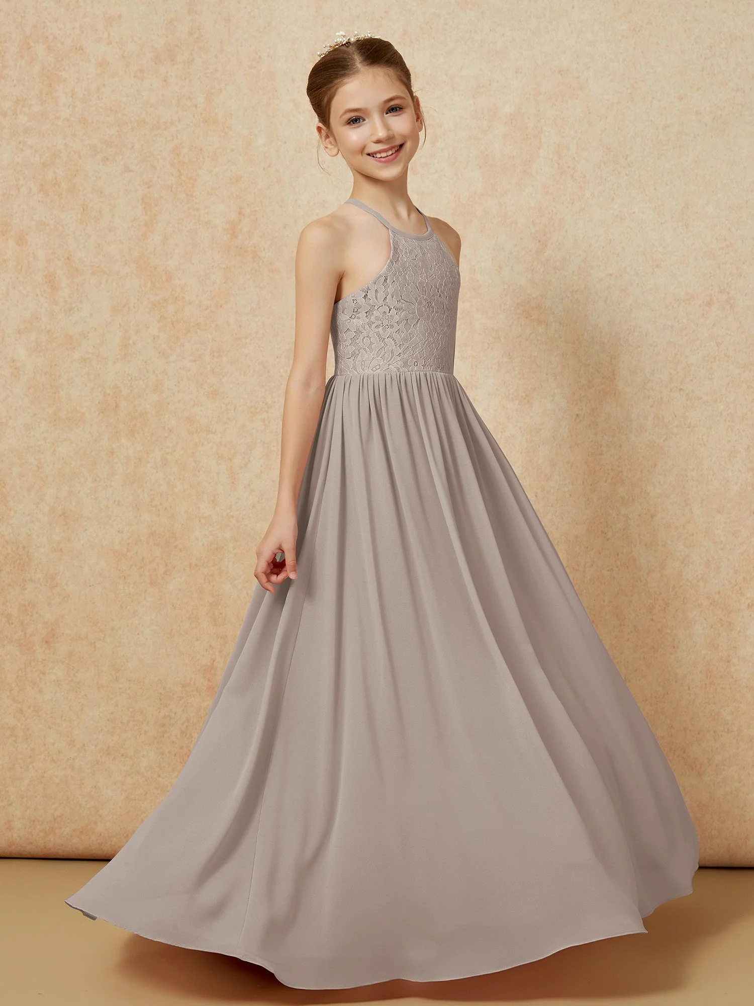 Plissee Spitzen Chiffon Lang Junge Brautjungfernkleider Taupe - Image 3