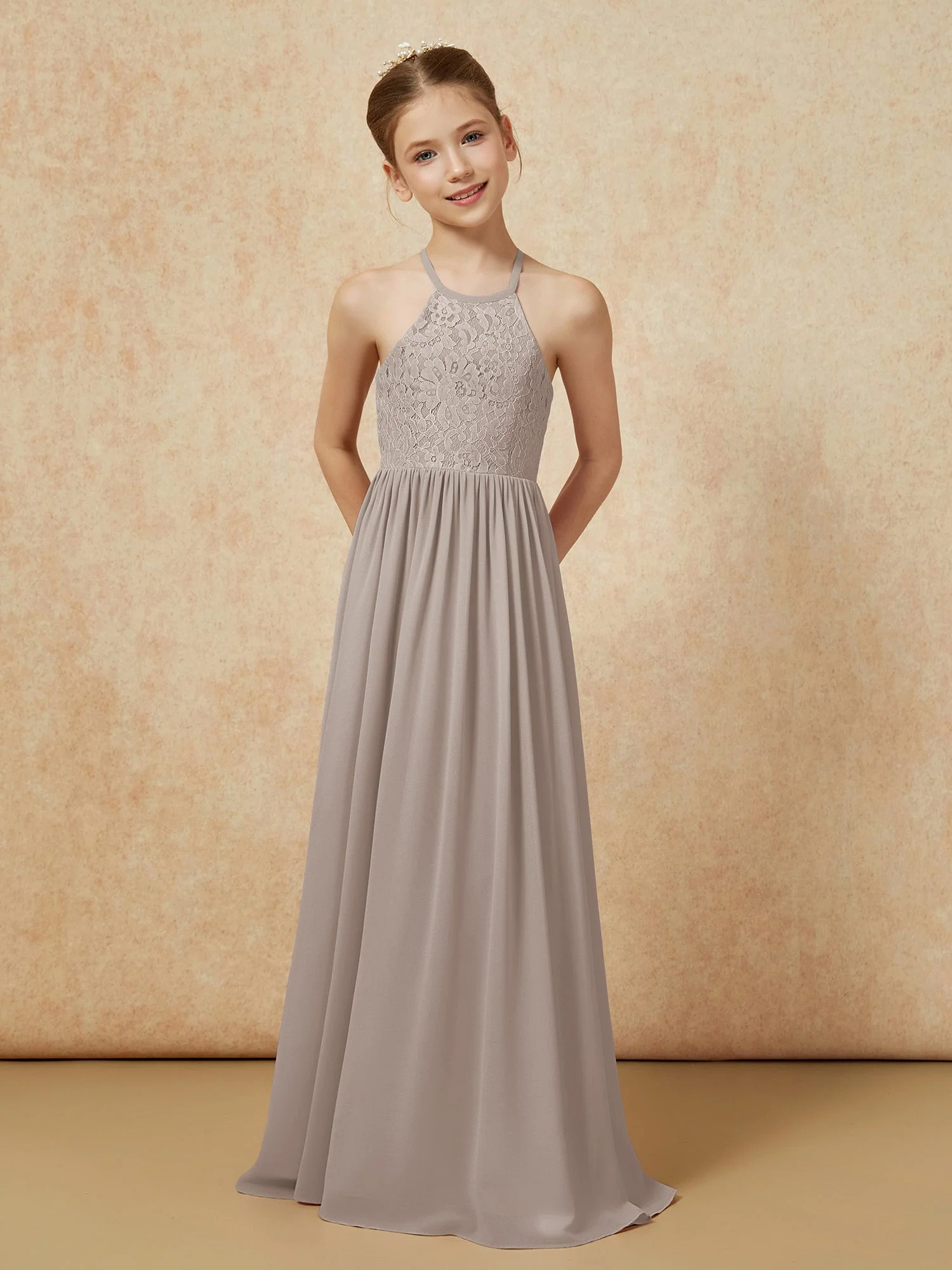 Plissee Spitzen Chiffon Lang Junge Brautjungfernkleider Taupe - Image 4