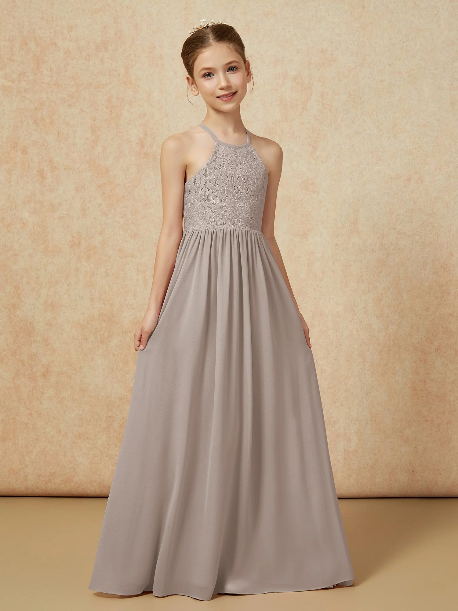 Plissee Spitzen Chiffon Lang Junge Brautjungfernkleider Taupe - Image 5