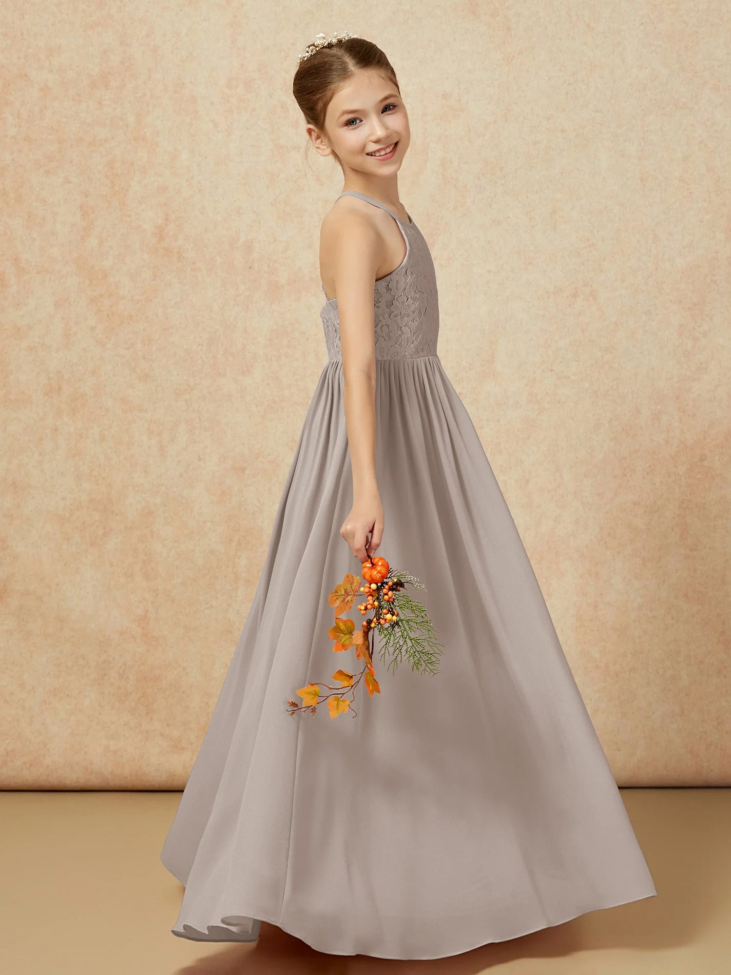 Plissee Spitzen Chiffon Lang Junge Brautjungfernkleider Taupe - Image 6