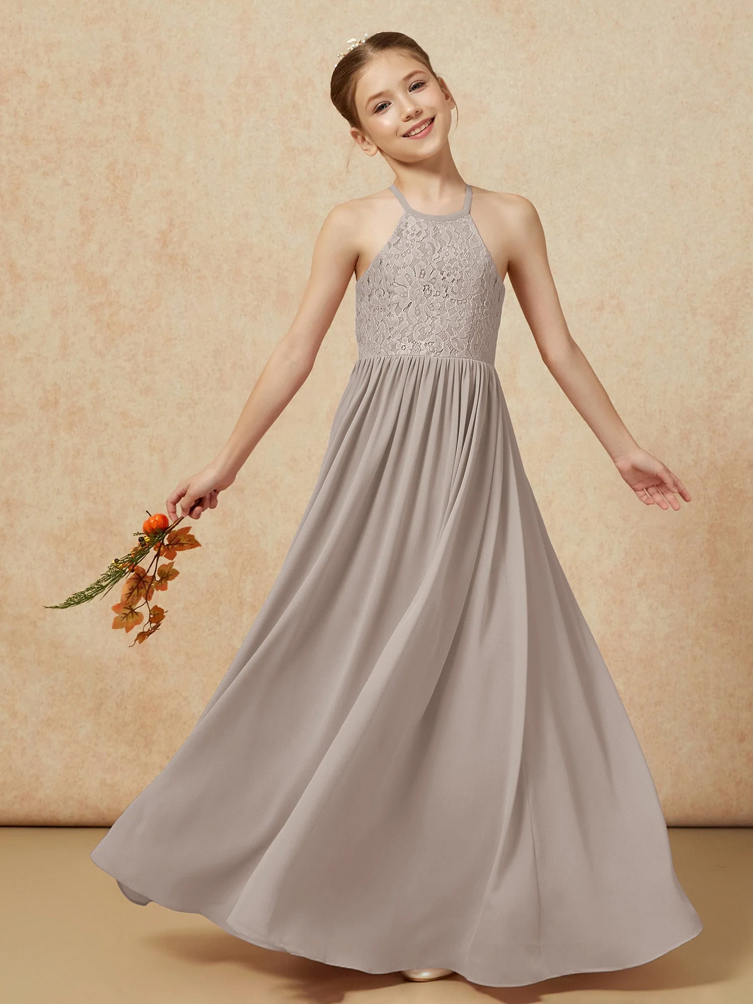 Plissee Spitzen Chiffon Lang Junge Brautjungfernkleider Taupe - Image 7