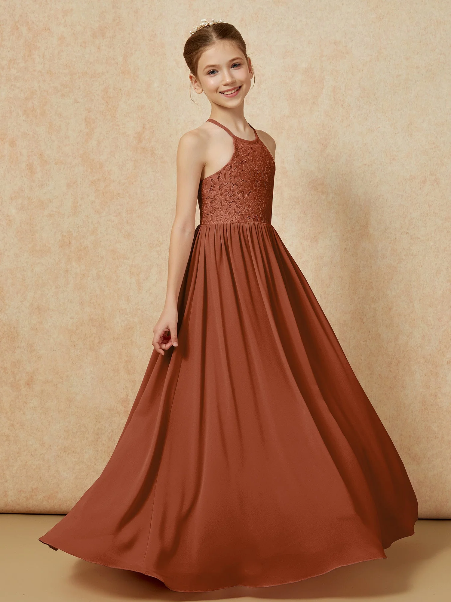 Plissee Spitzen Chiffon Lang Junge Brautjungfernkleider Terrakotta - Image 3