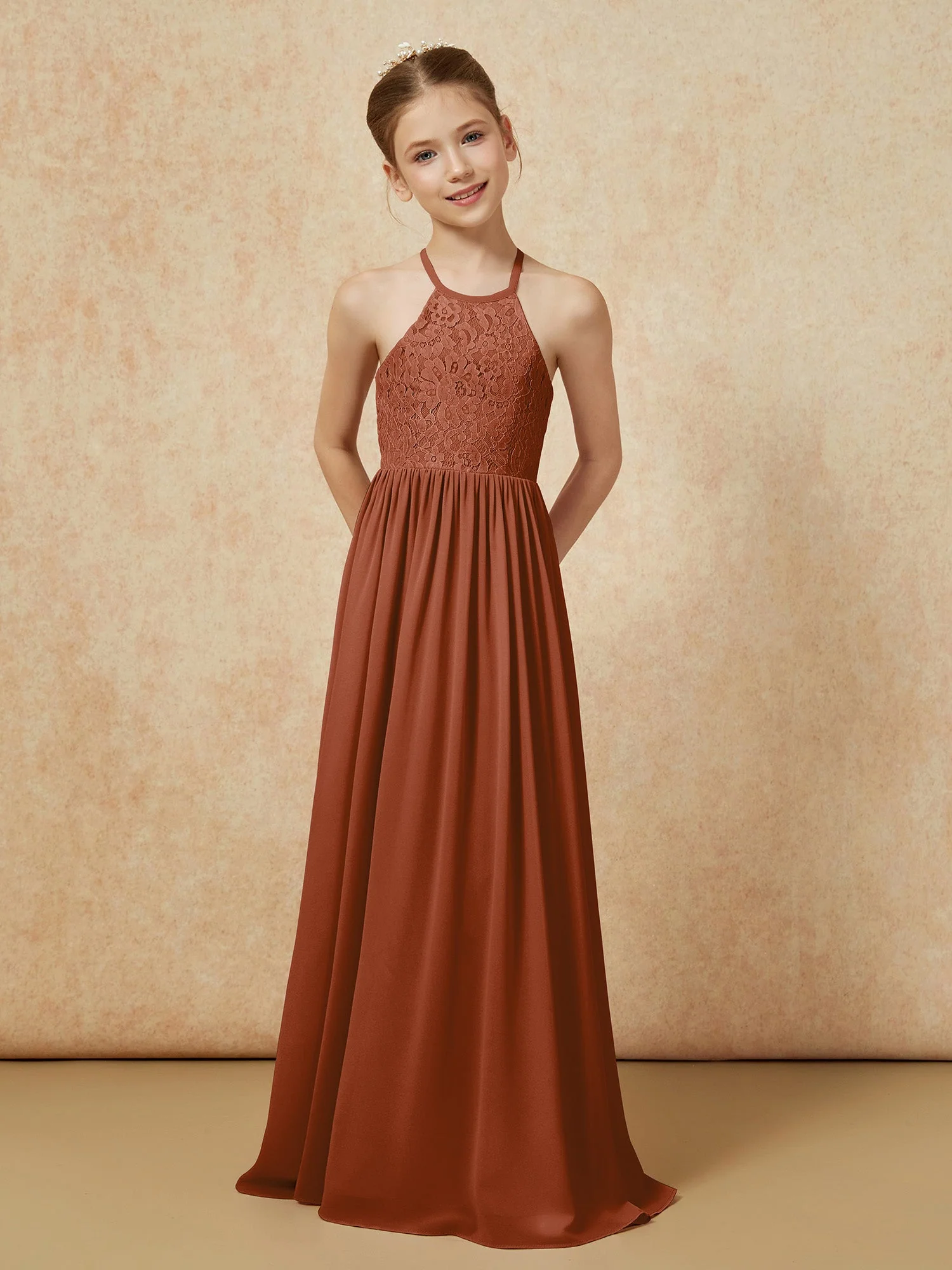 Plissee Spitzen Chiffon Lang Junge Brautjungfernkleider Terrakotta - Image 4