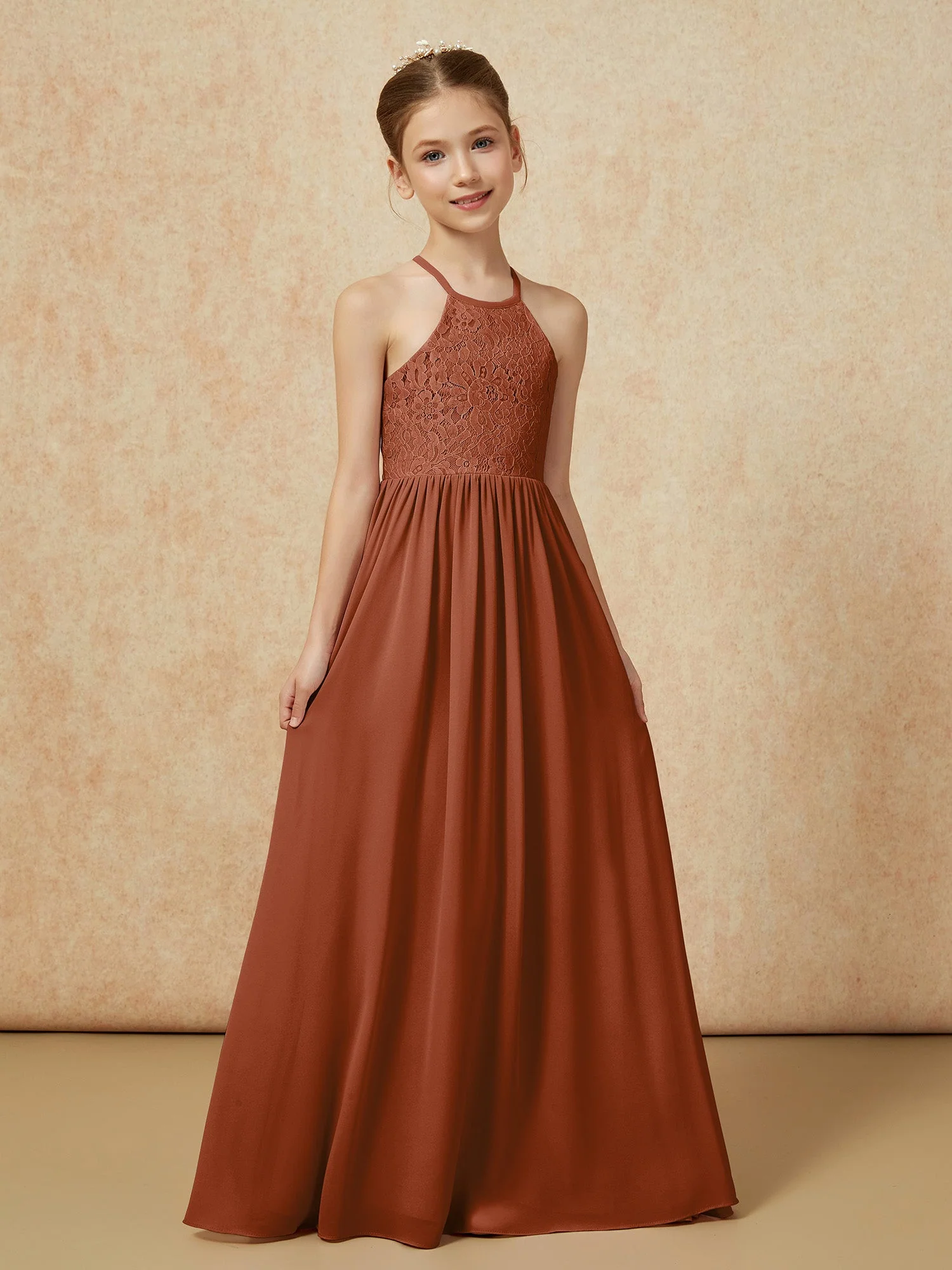 Plissee Spitzen Chiffon Lang Junge Brautjungfernkleider Terrakotta - Image 5
