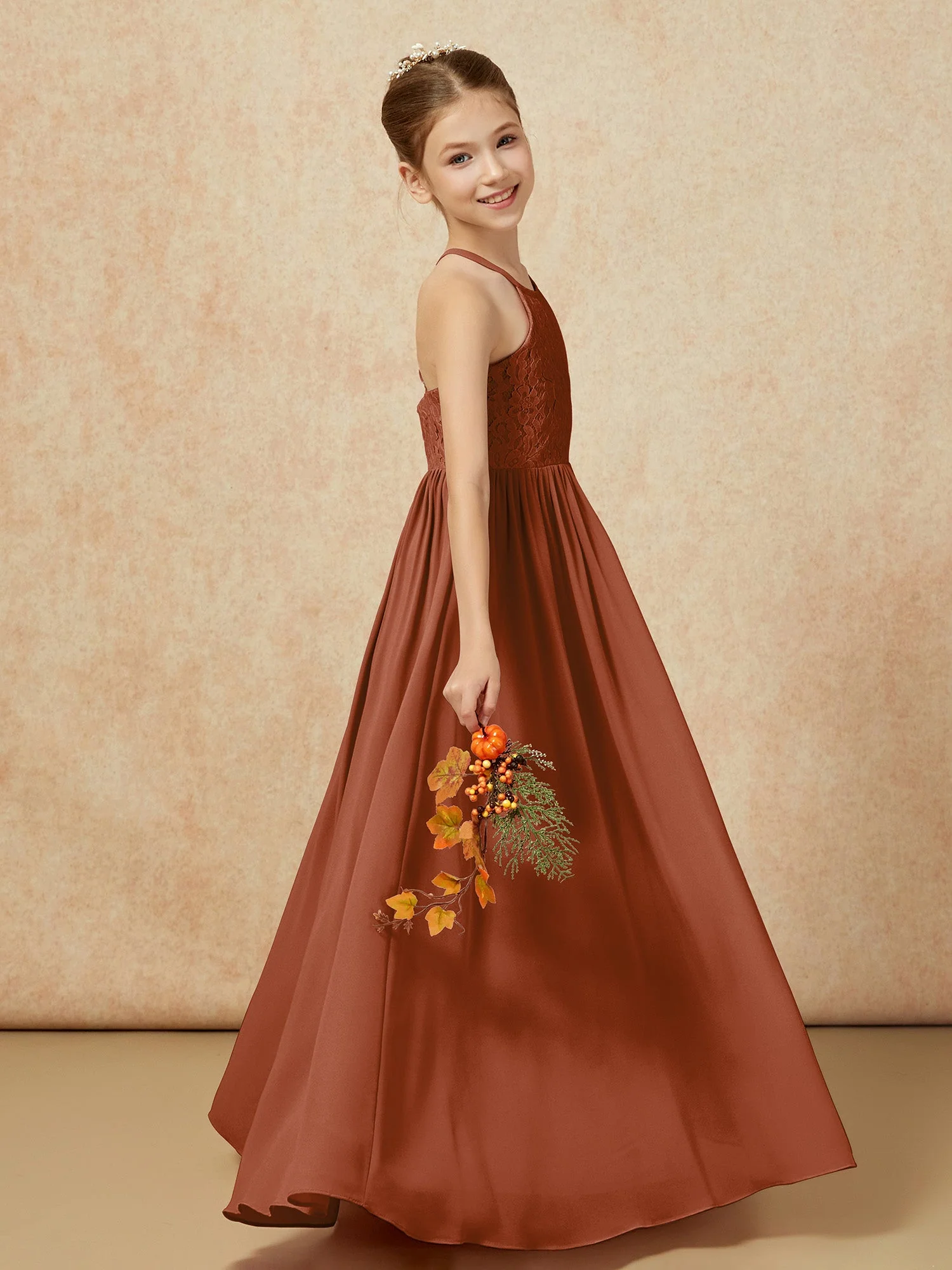 Plissee Spitzen Chiffon Lang Junge Brautjungfernkleider Terrakotta - Image 6