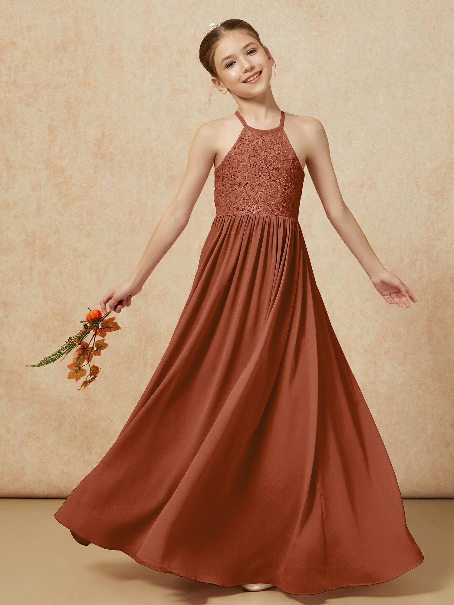 Plissee Spitzen Chiffon Lang Junge Brautjungfernkleider Terrakotta - Image 7