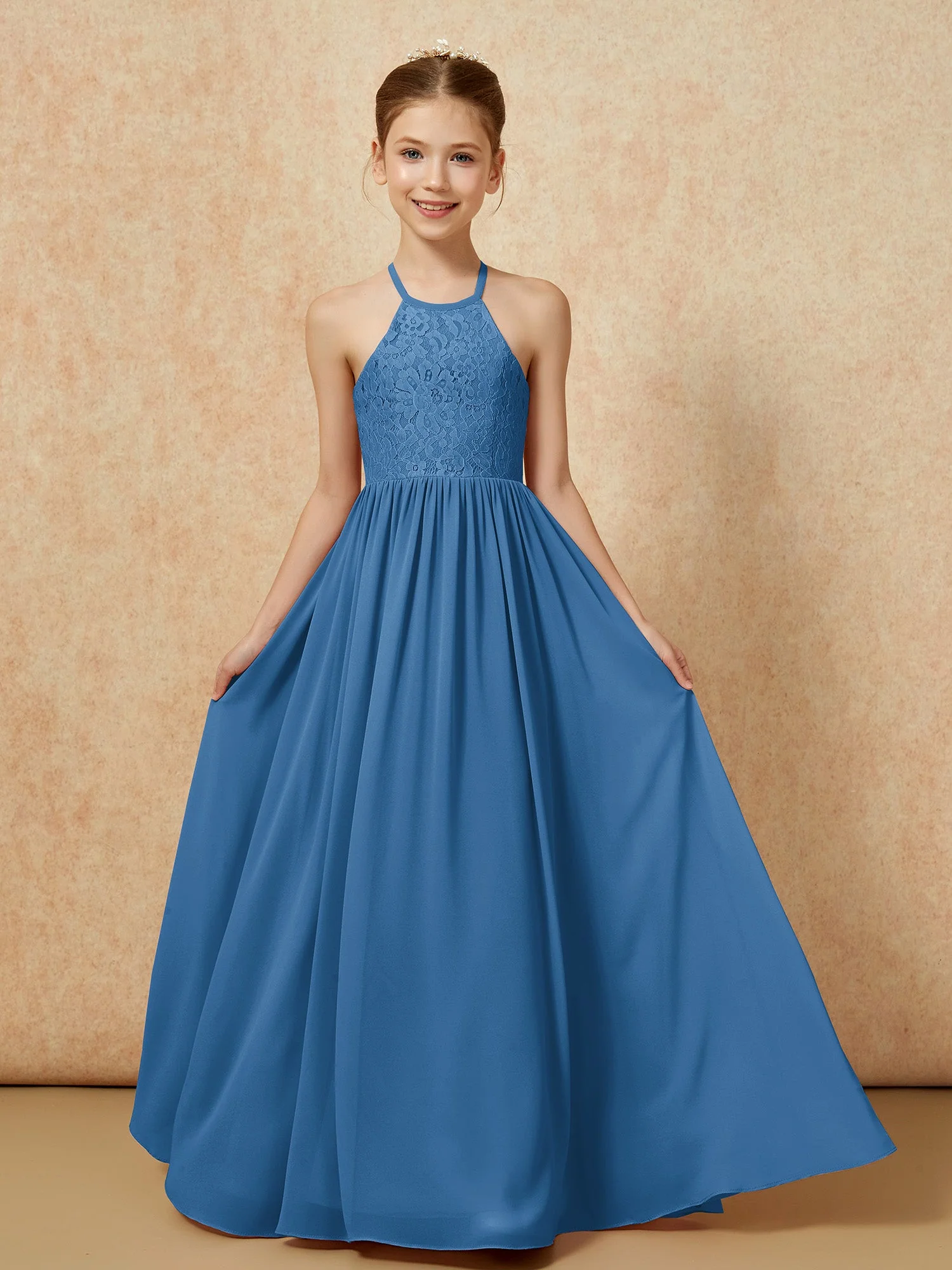 Plissee Spitzen Chiffon Lang Junge Brautjungfernkleider Tinte Blau