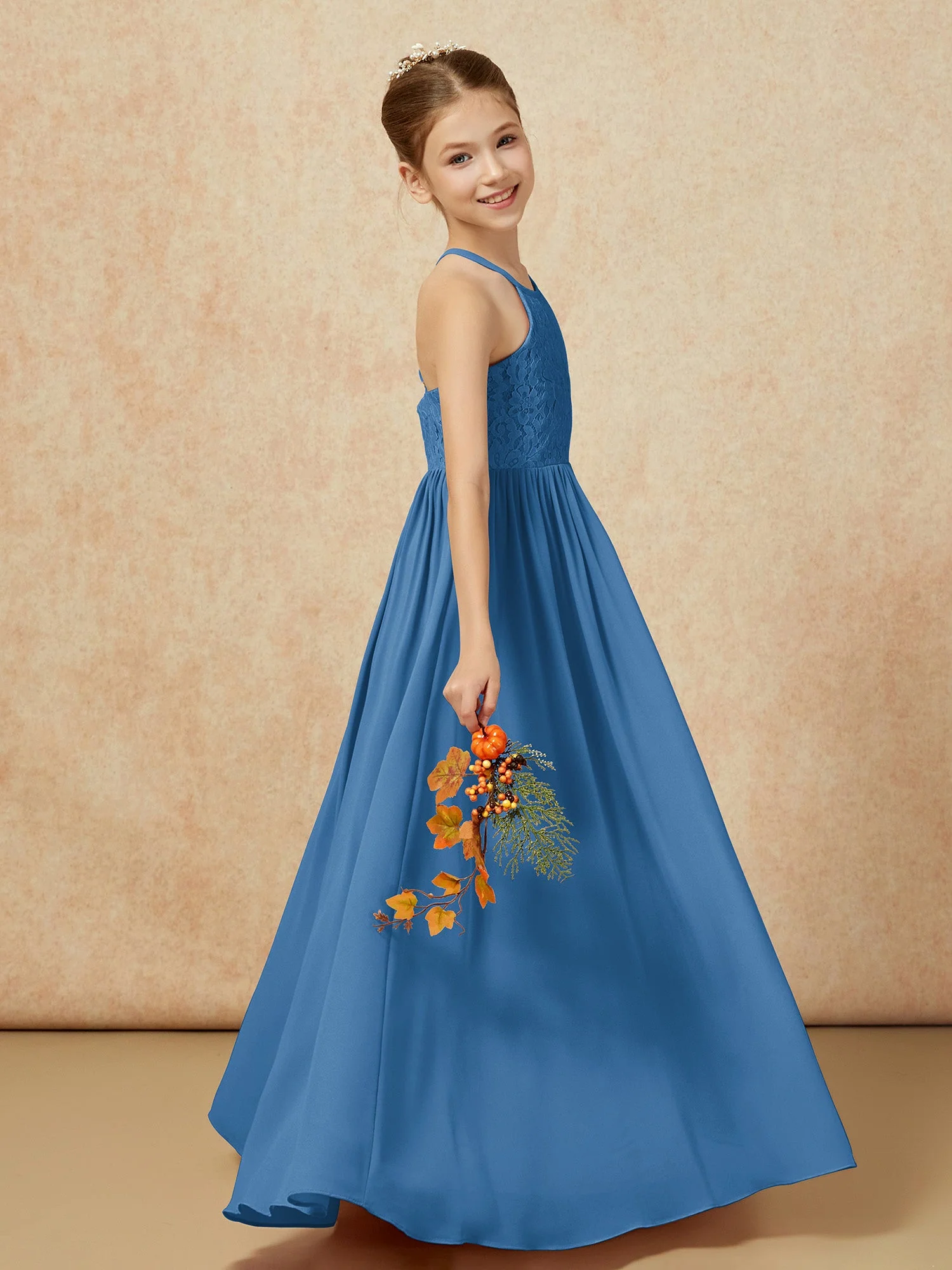 Plissee Spitzen Chiffon Lang Junge Brautjungfernkleider Tinte Blau - Image 6