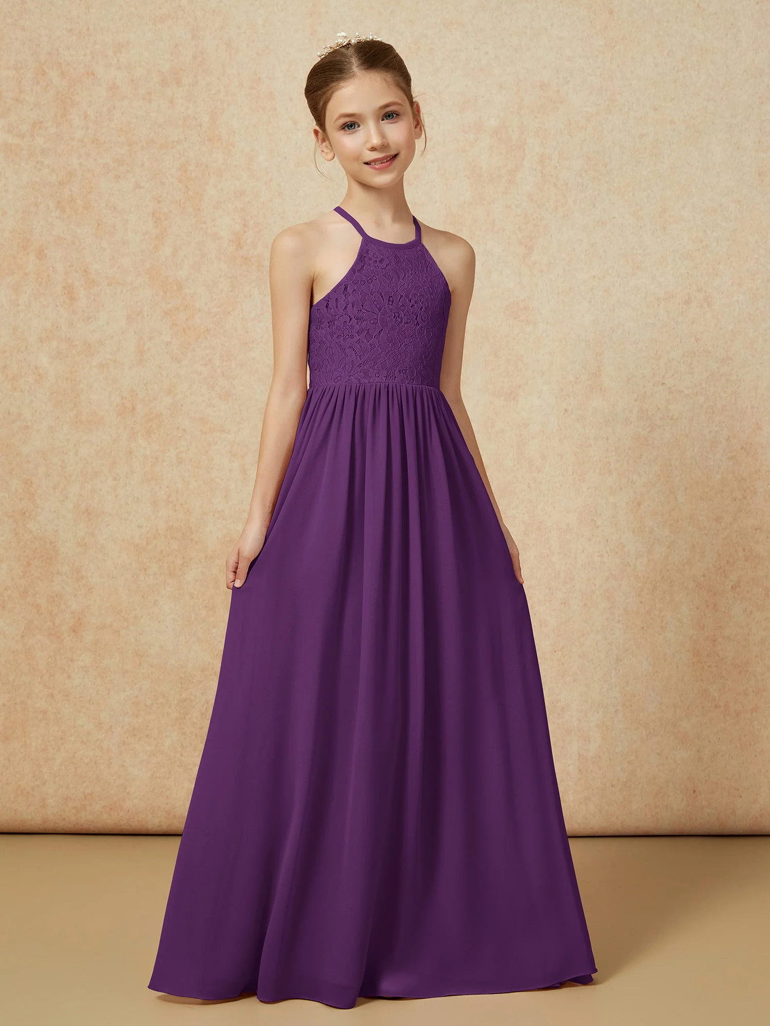 Plissee Spitzen Chiffon Lang Junge Brautjungfernkleider Traube - Image 5