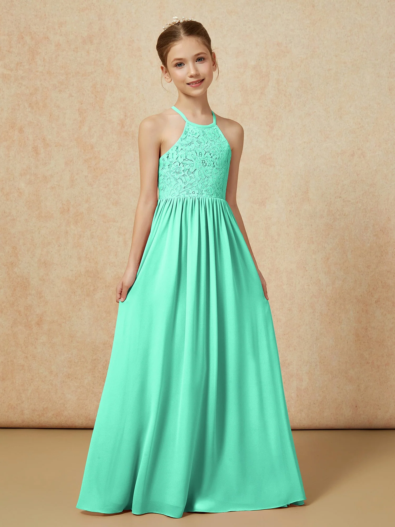Plissee Spitzen Chiffon Lang Junge Brautjungfernkleider Türkis - Image 5