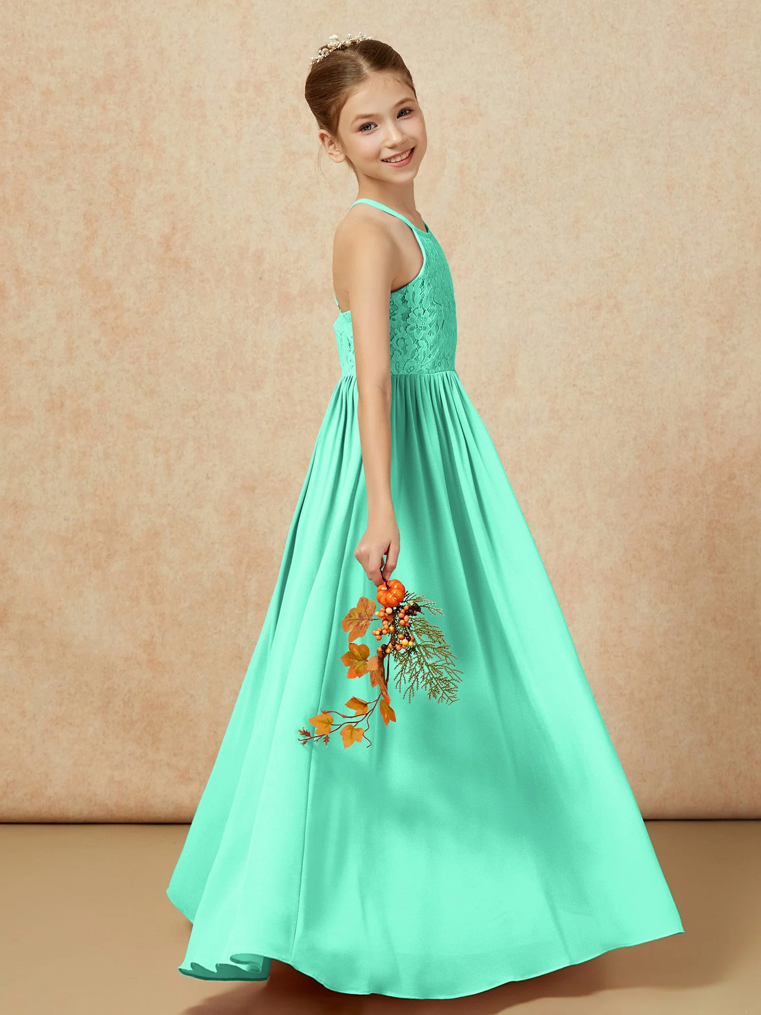 Plissee Spitzen Chiffon Lang Junge Brautjungfernkleider Türkis - Image 6