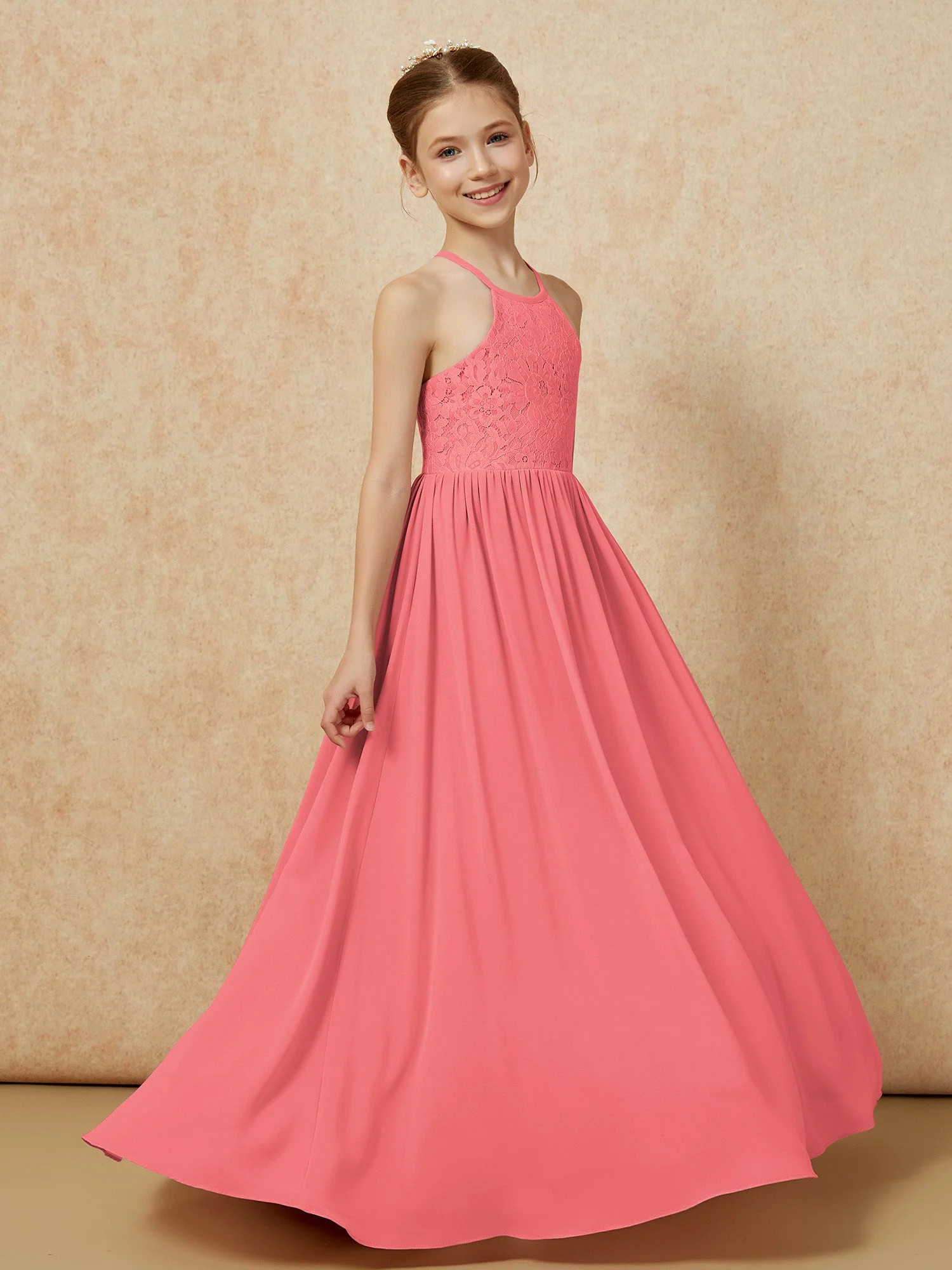 Plissee Spitzen Chiffon Lang Junge Brautjungfernkleider Wassermelone - Image 3