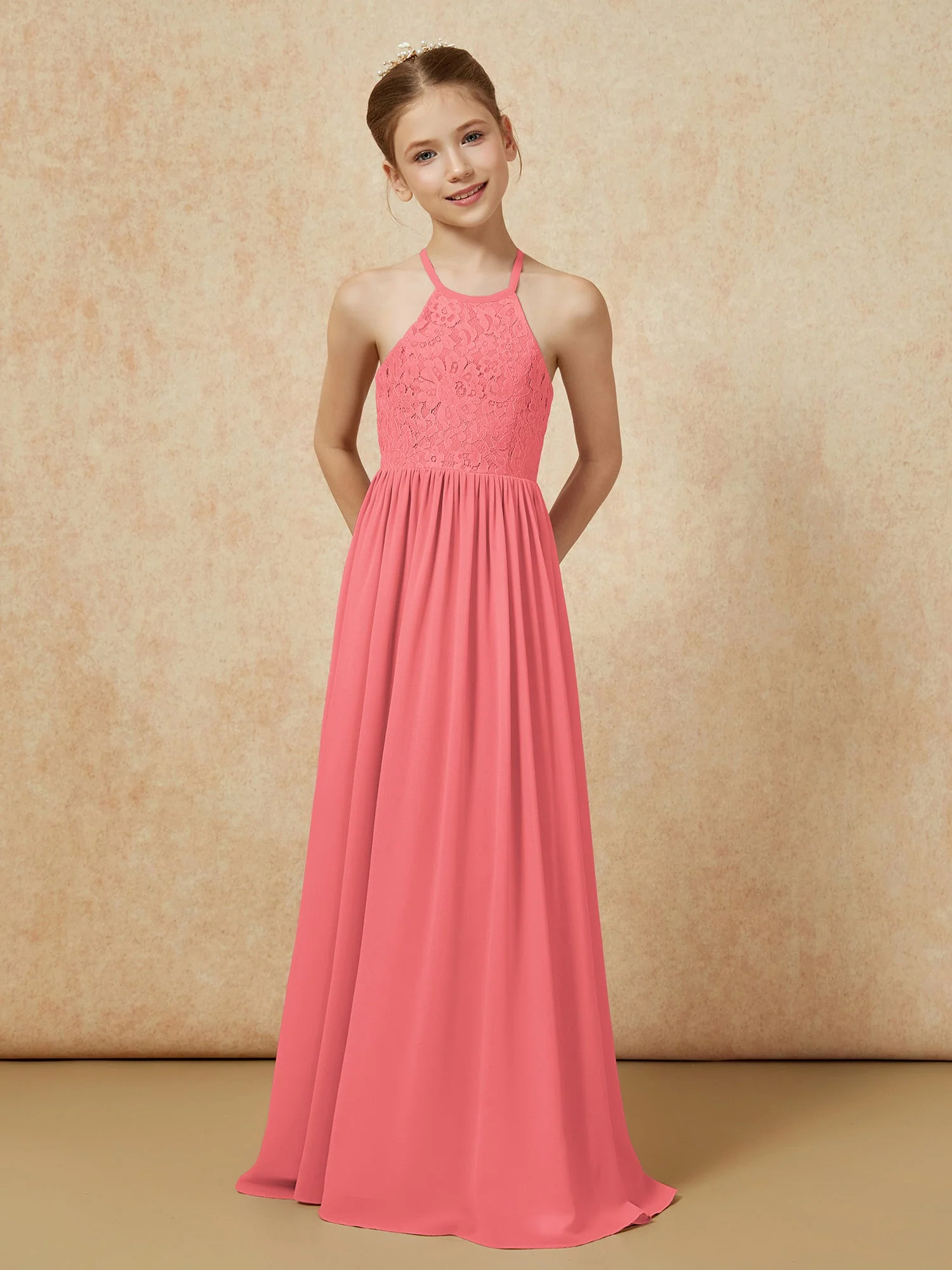 Plissee Spitzen Chiffon Lang Junge Brautjungfernkleider Wassermelone - Image 4
