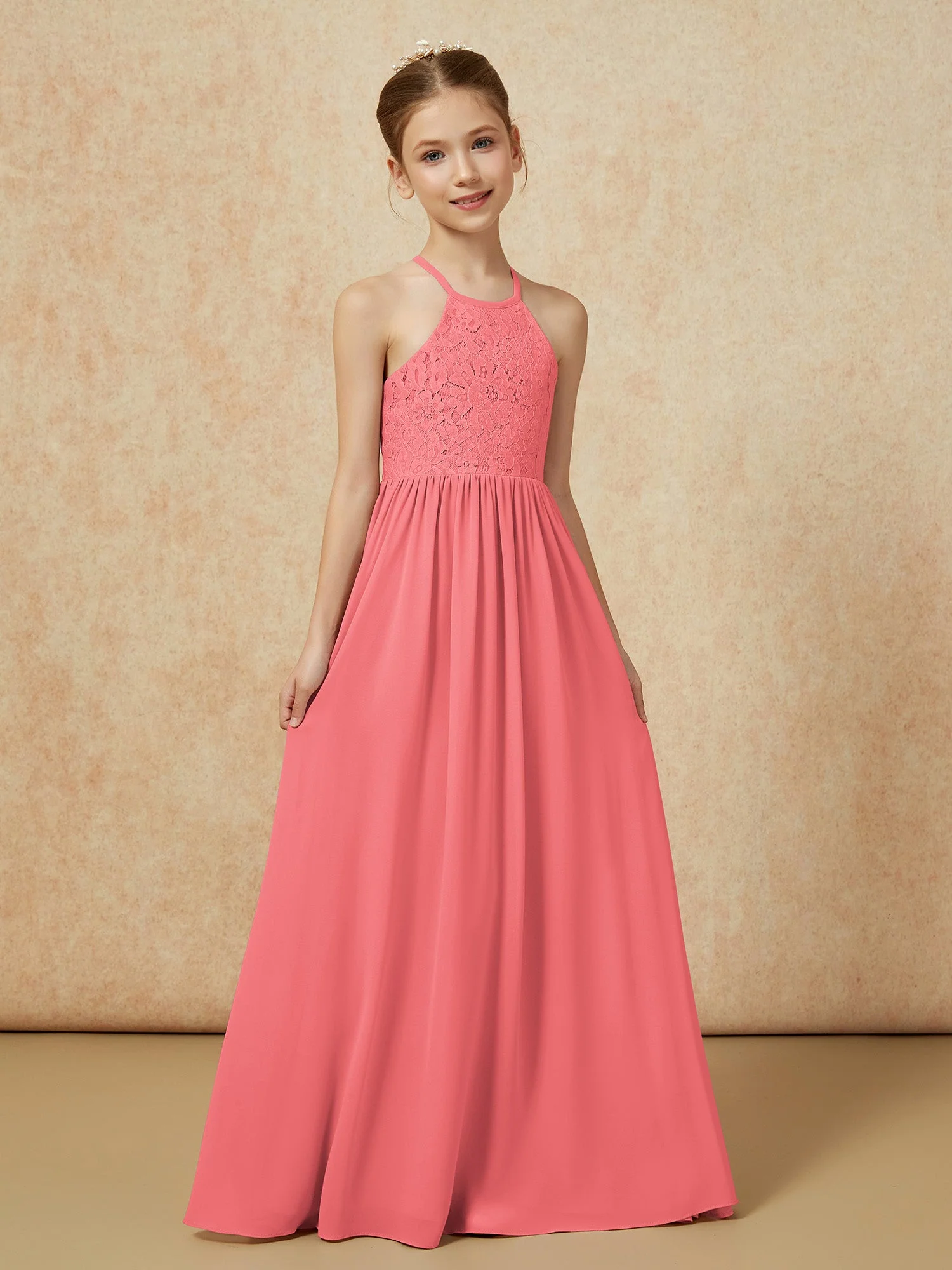 Plissee Spitzen Chiffon Lang Junge Brautjungfernkleider Wassermelone - Image 5