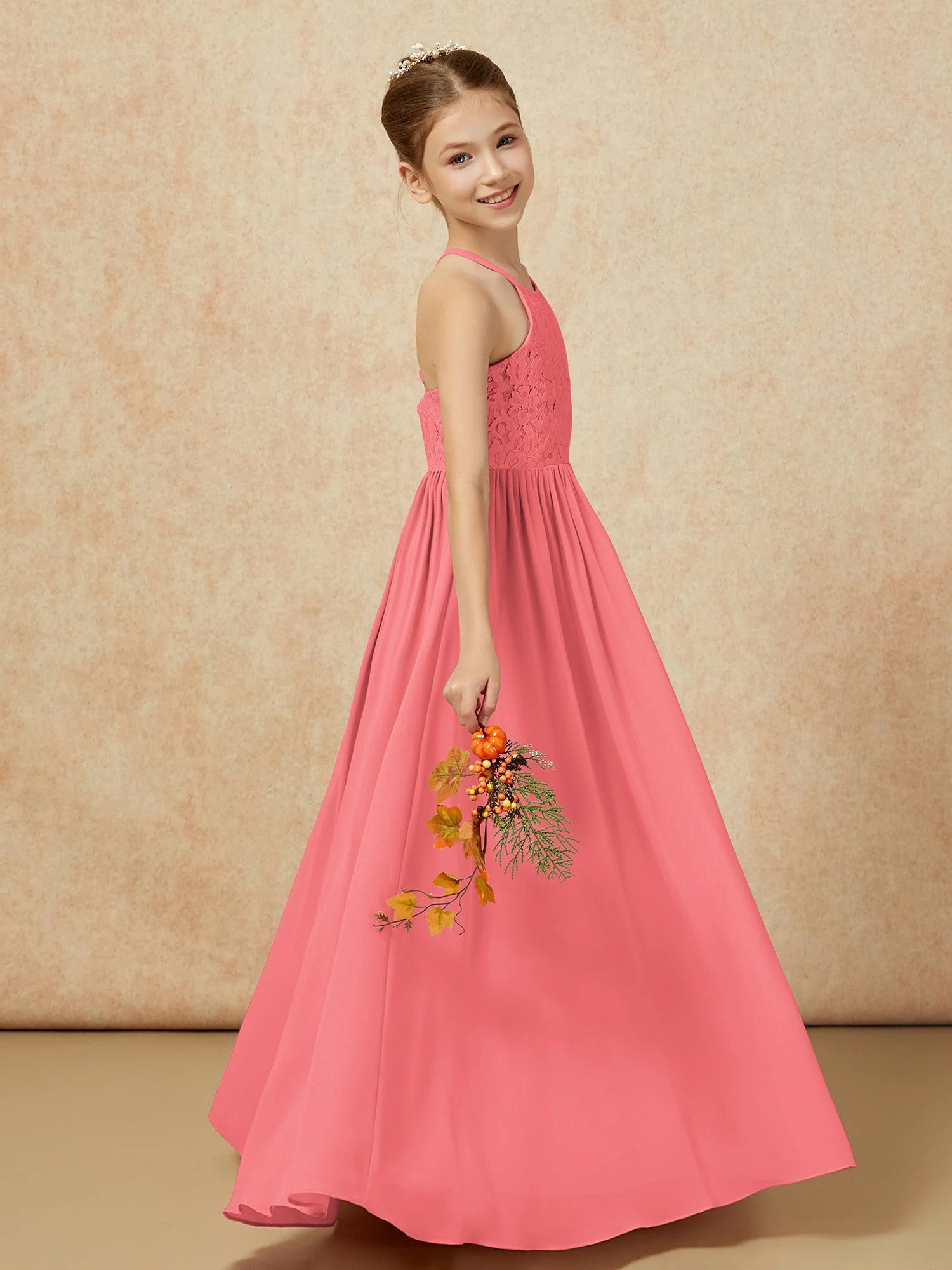 Plissee Spitzen Chiffon Lang Junge Brautjungfernkleider Wassermelone - Image 6