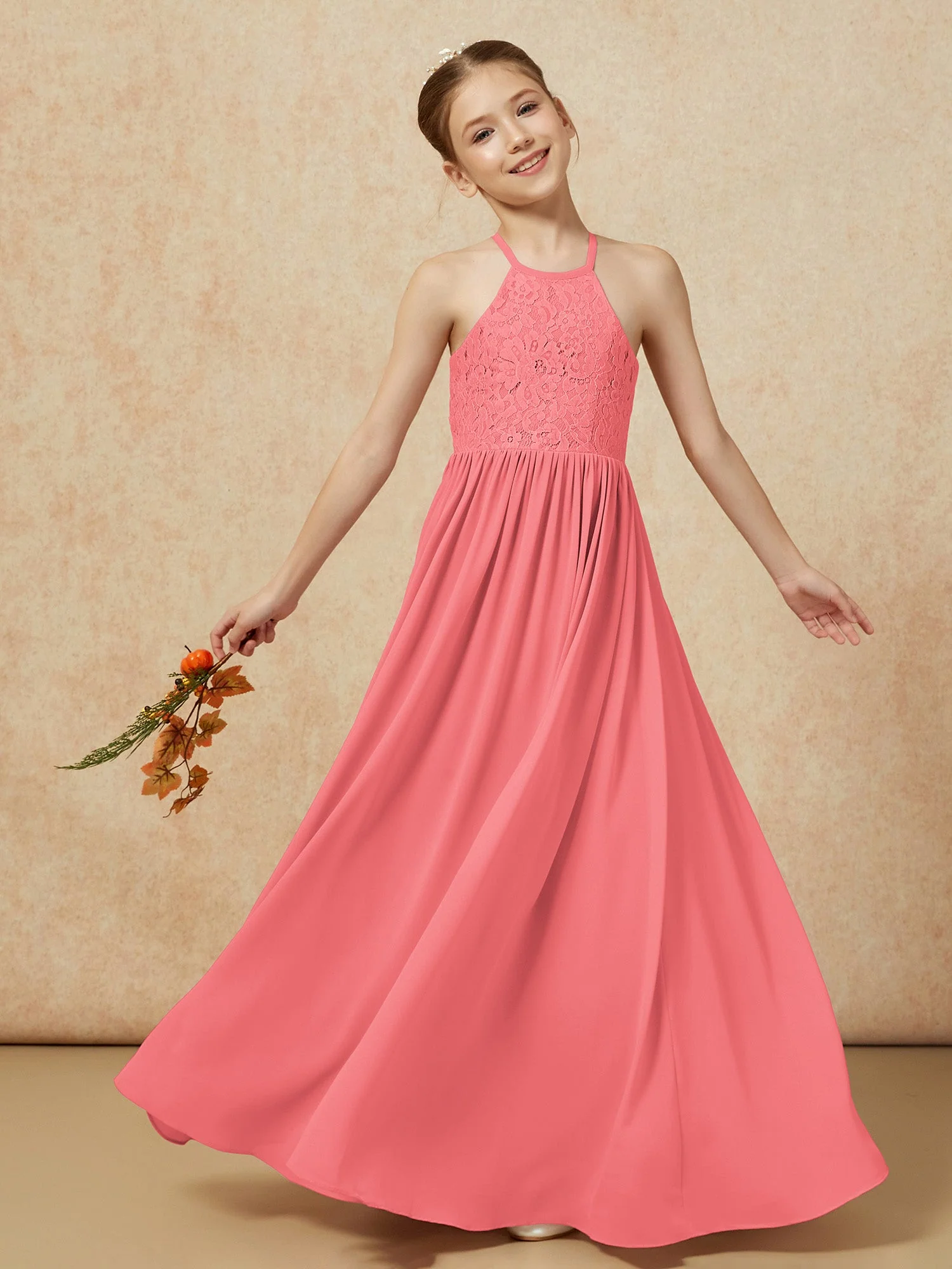 Plissee Spitzen Chiffon Lang Junge Brautjungfernkleider Wassermelone - Image 7