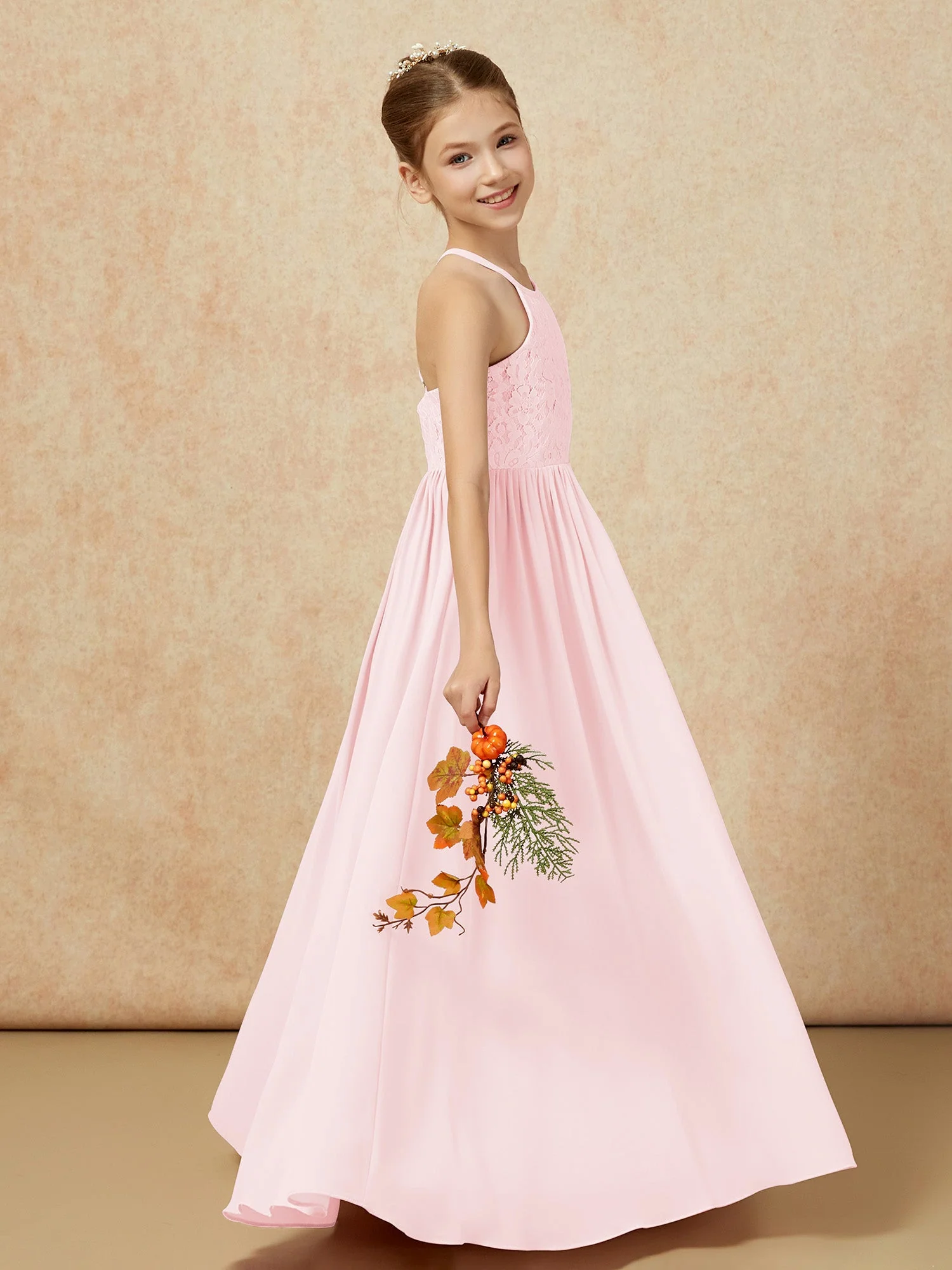 Plissee Spitzen Chiffon Lang Junge Brautjungfernkleider Zartrosa - Image 6