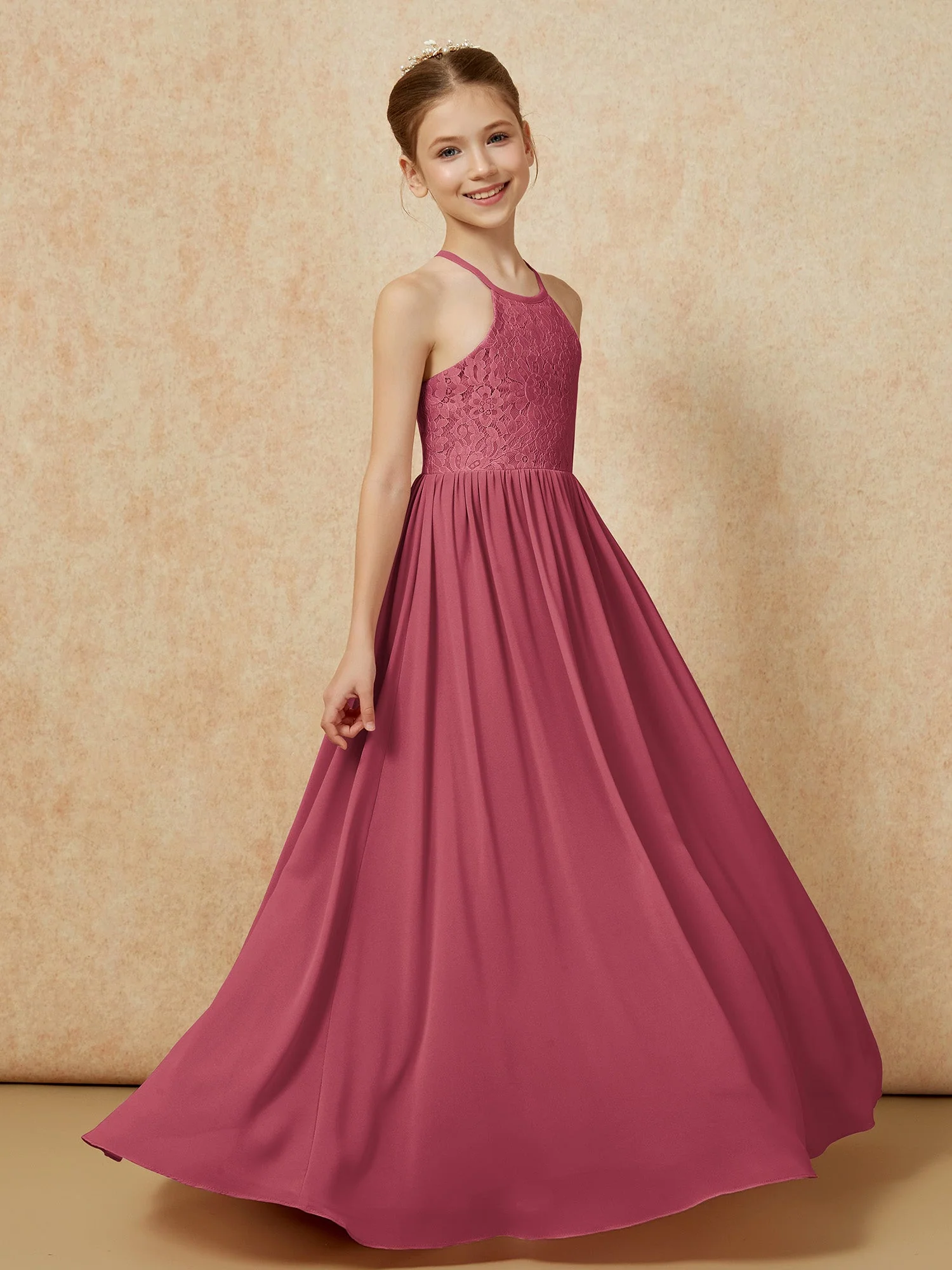 Plissee Spitzen Chiffon Lang Junge Brautjungfernkleider Zimtrose - Image 3
