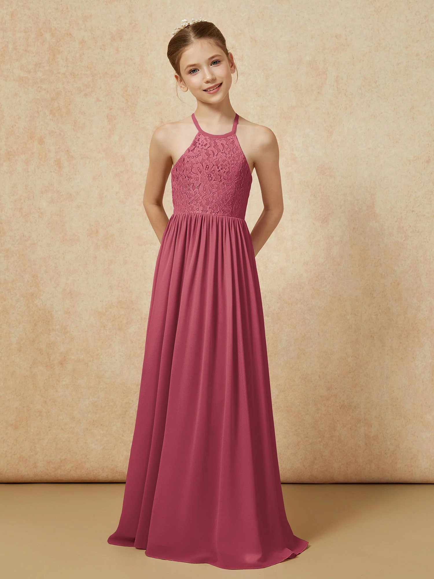 Plissee Spitzen Chiffon Lang Junge Brautjungfernkleider Zimtrose - Image 4