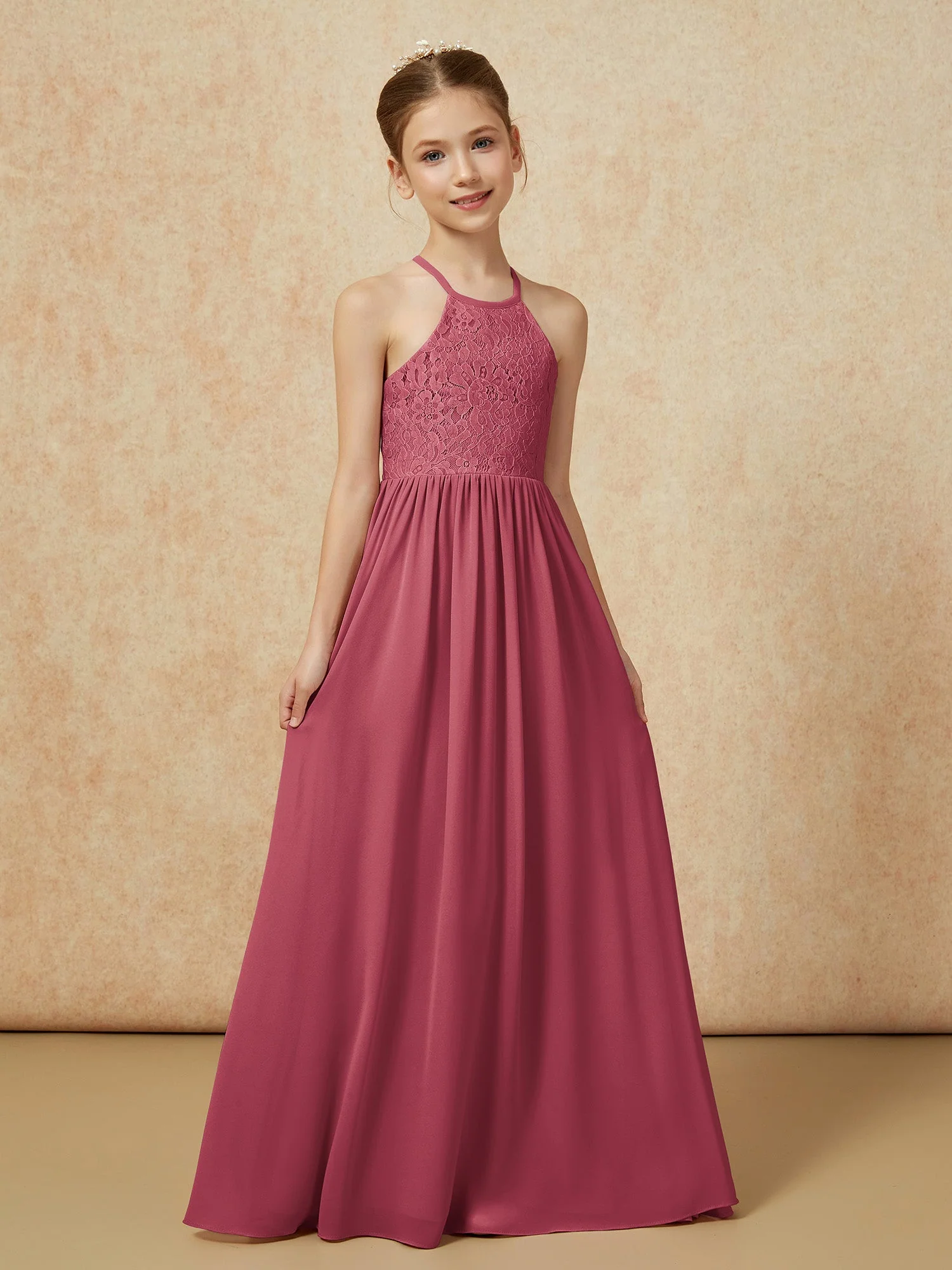 Plissee Spitzen Chiffon Lang Junge Brautjungfernkleider Zimtrose - Image 5
