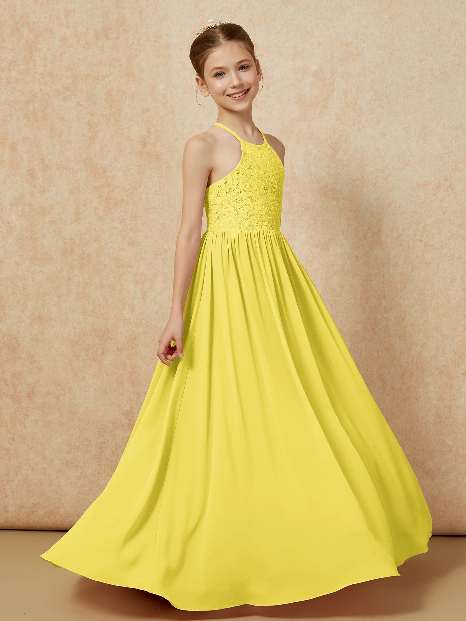 Plissee Spitzen Chiffon Lang Junge Brautjungfernkleider Zitrone - Image 3