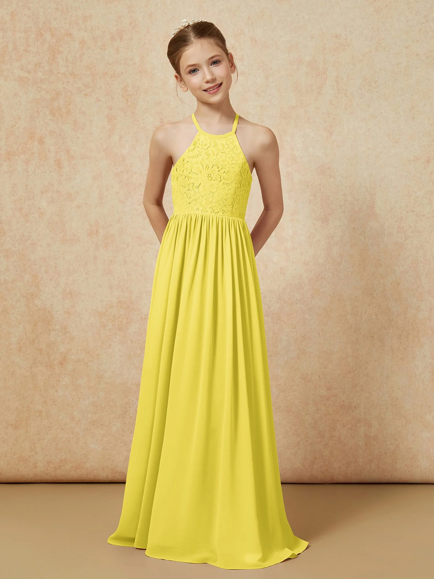 Plissee Spitzen Chiffon Lang Junge Brautjungfernkleider Zitrone - Image 4