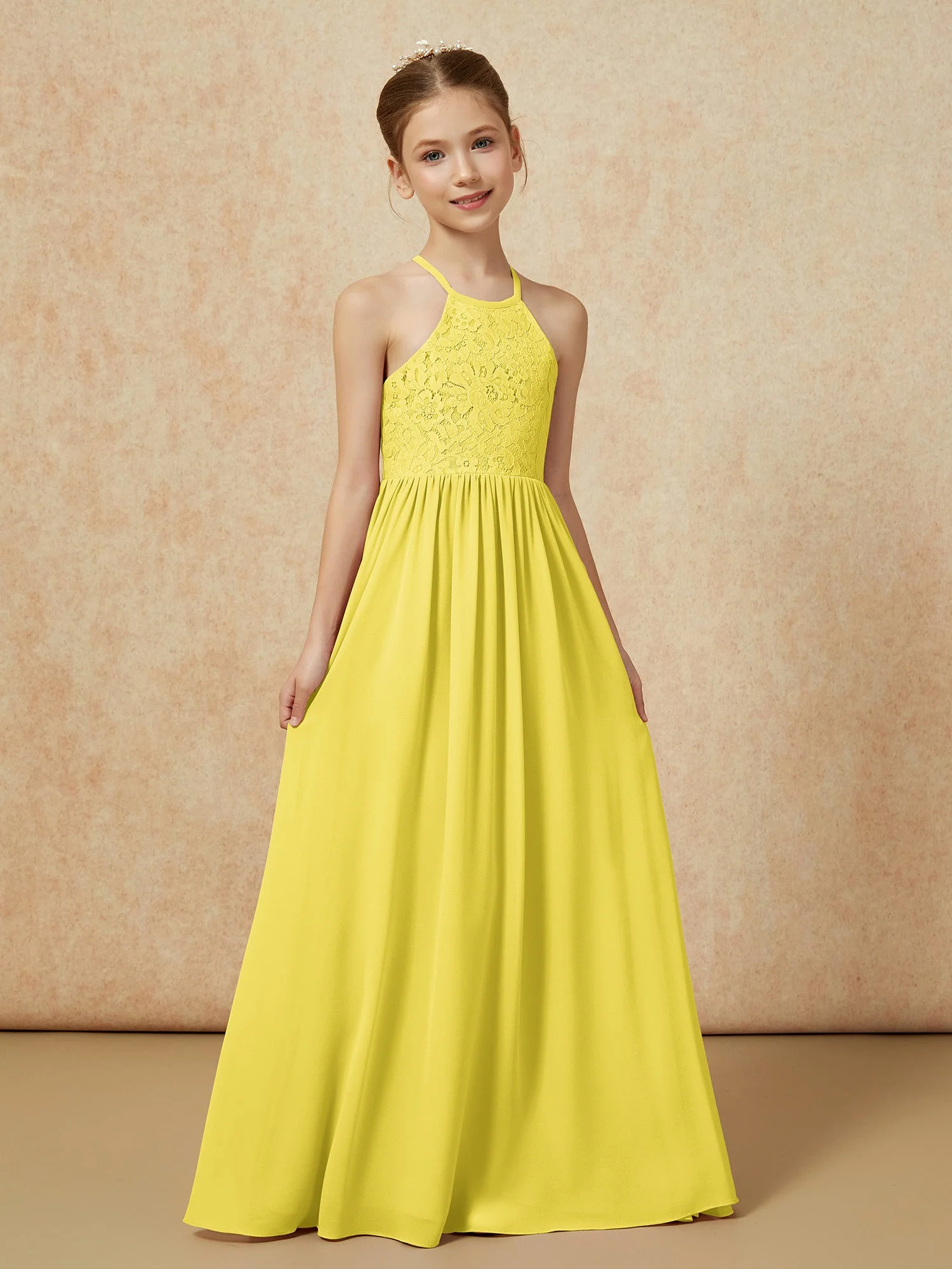 Plissee Spitzen Chiffon Lang Junge Brautjungfernkleider Zitrone - Image 5