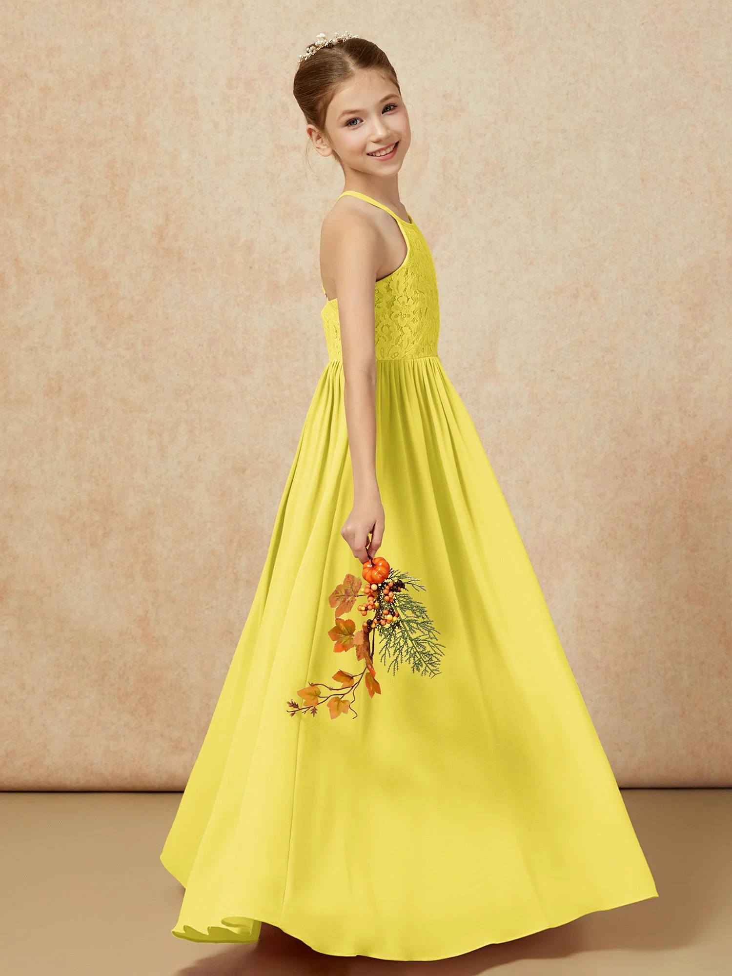 Plissee Spitzen Chiffon Lang Junge Brautjungfernkleider Zitrone - Image 6