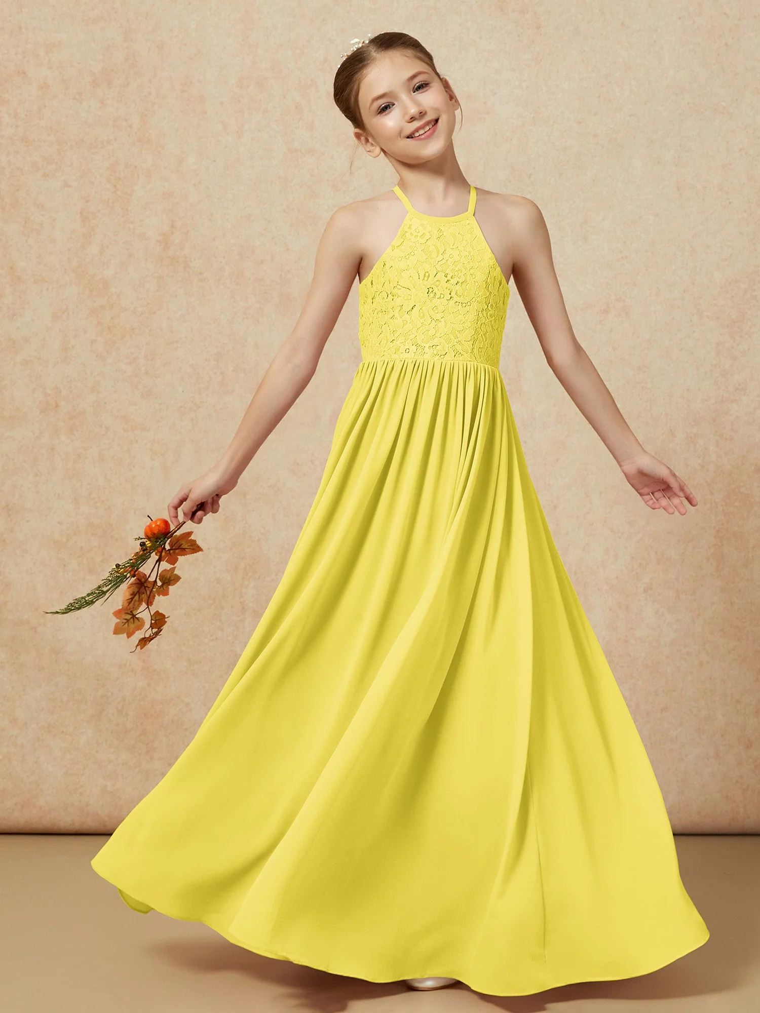 Plissee Spitzen Chiffon Lang Junge Brautjungfernkleider Zitrone - Image 7