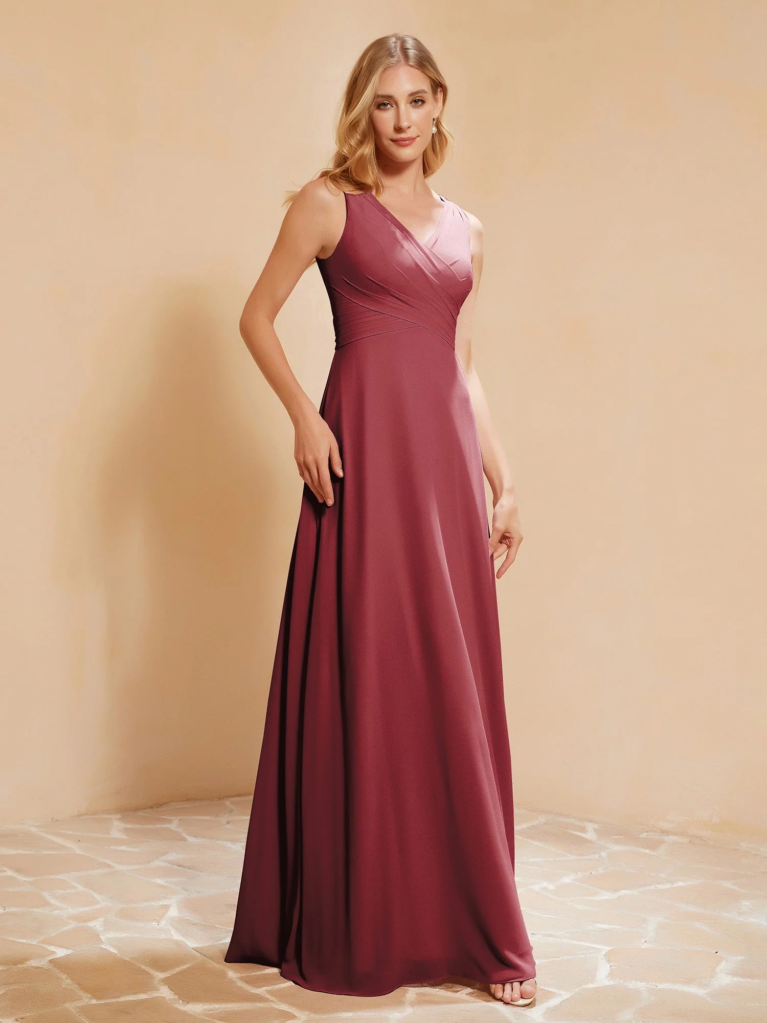 Plissee V-Ausschnitt Chiffon A-Linie Kleid mit Schleife Zimtrose