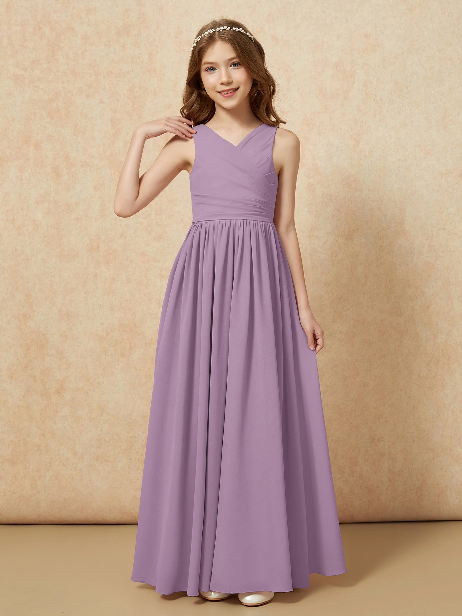 Plissee V-Ausschnitt Chiffon Lang Junge Brautjungfernkleider Blauregen